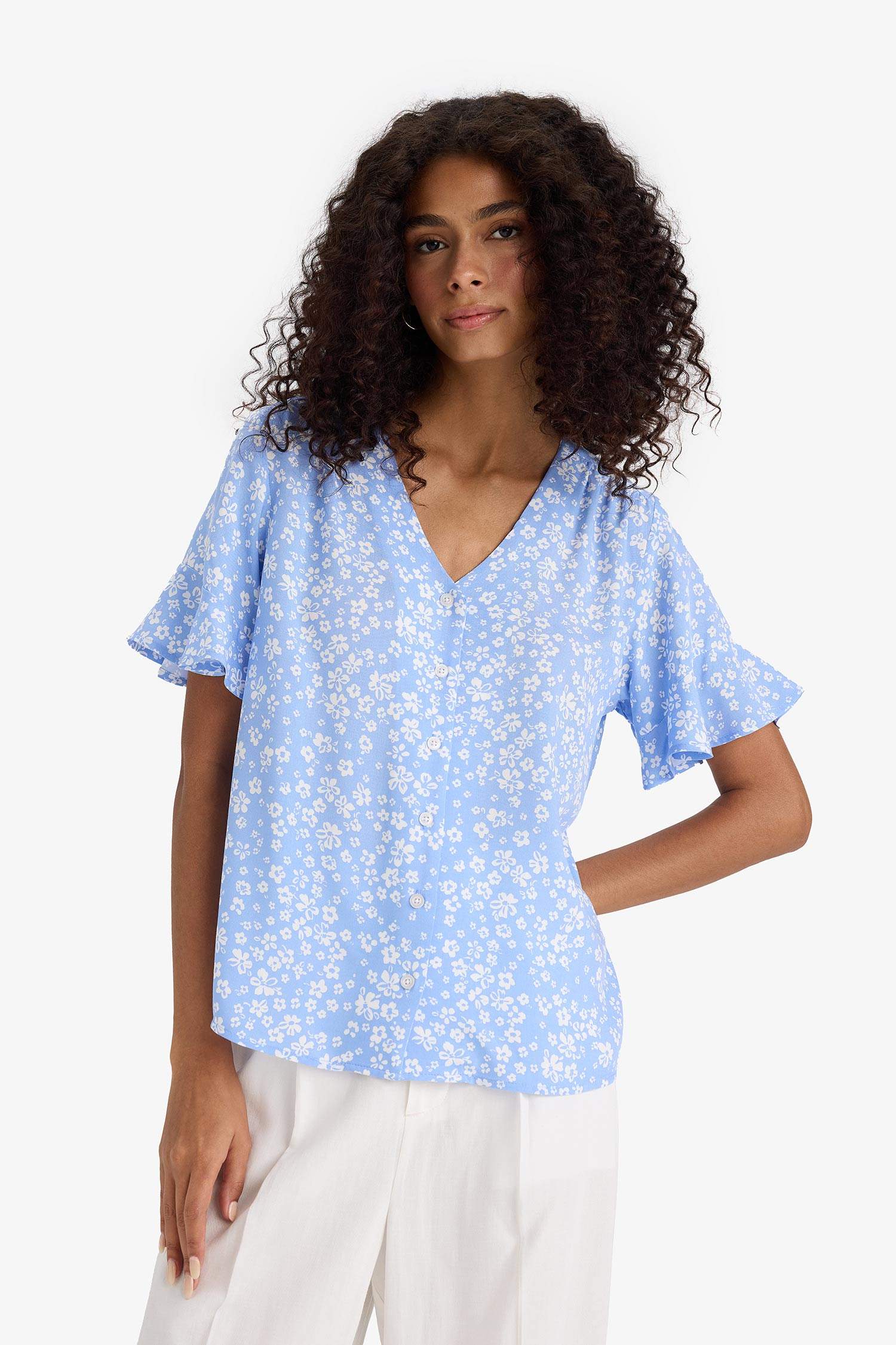 Regular Fit Floral V Neck Shirt