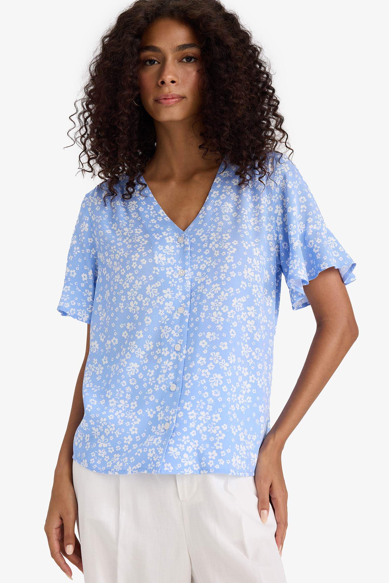 Regular Fit Floral V Neck Shirt