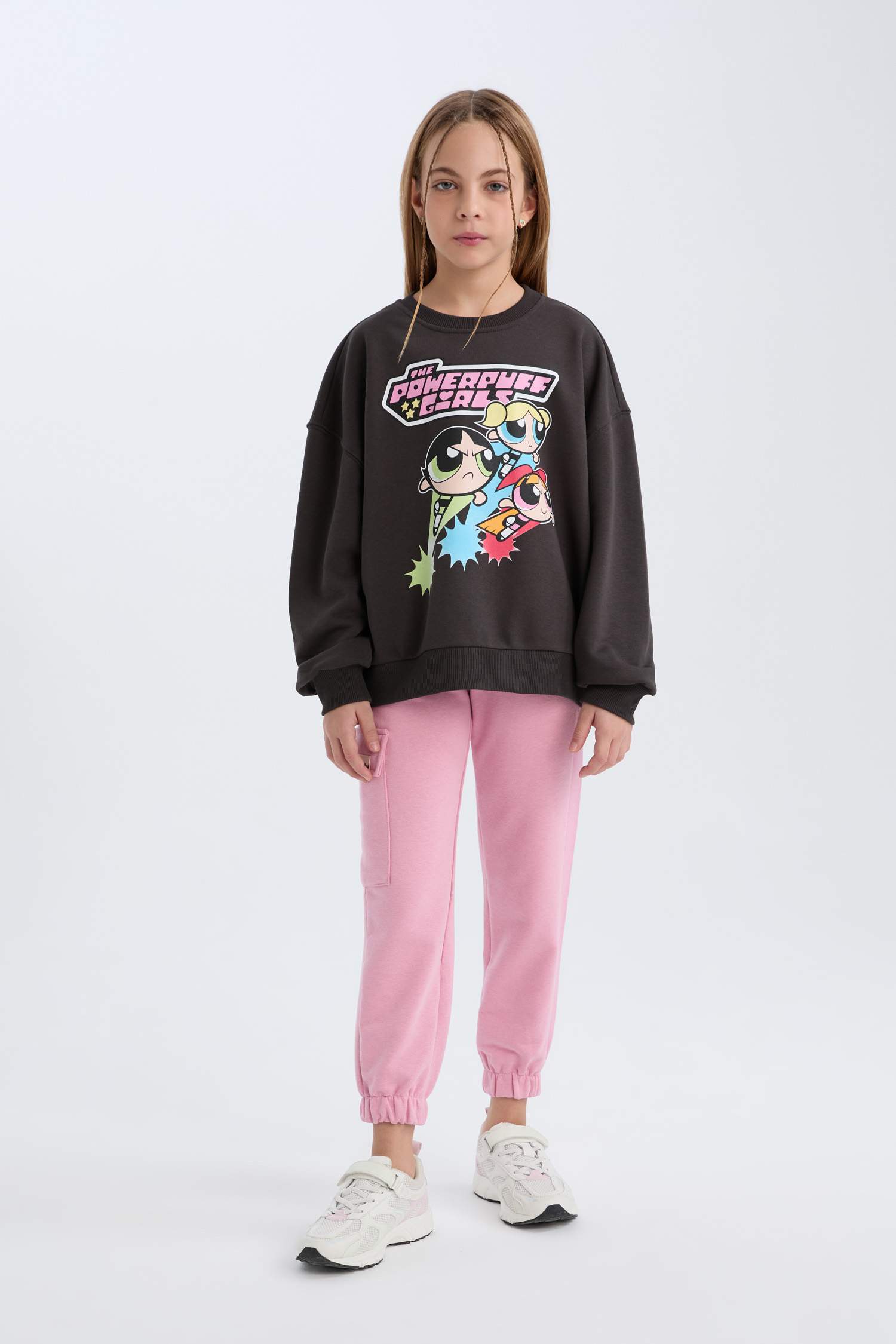 Kız Çocuk PowerPuff Girls Oversize Geniş Kalıp Bisiklet Yaka Sweatshirt