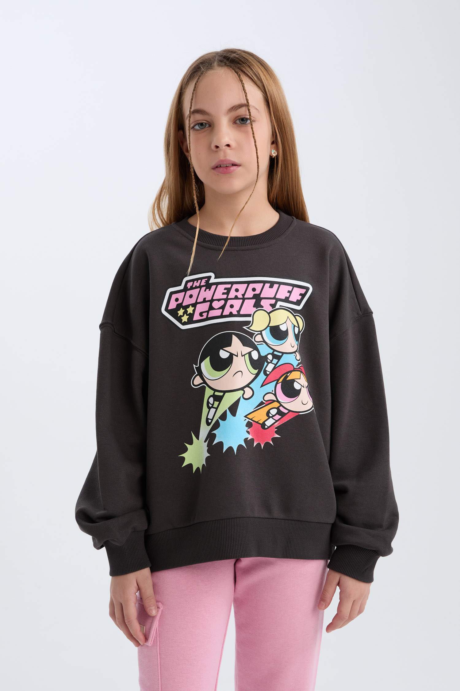 Kız Çocuk PowerPuff Girls Oversize Geniş Kalıp Bisiklet Yaka Sweatshirt