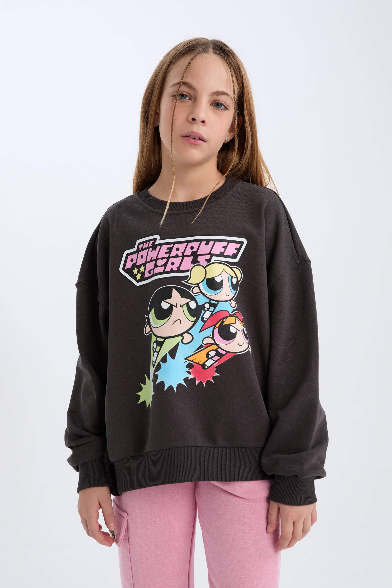 Kız Çocuk PowerPuff Girls Oversize Geniş Kalıp Bisiklet Yaka Sweatshirt