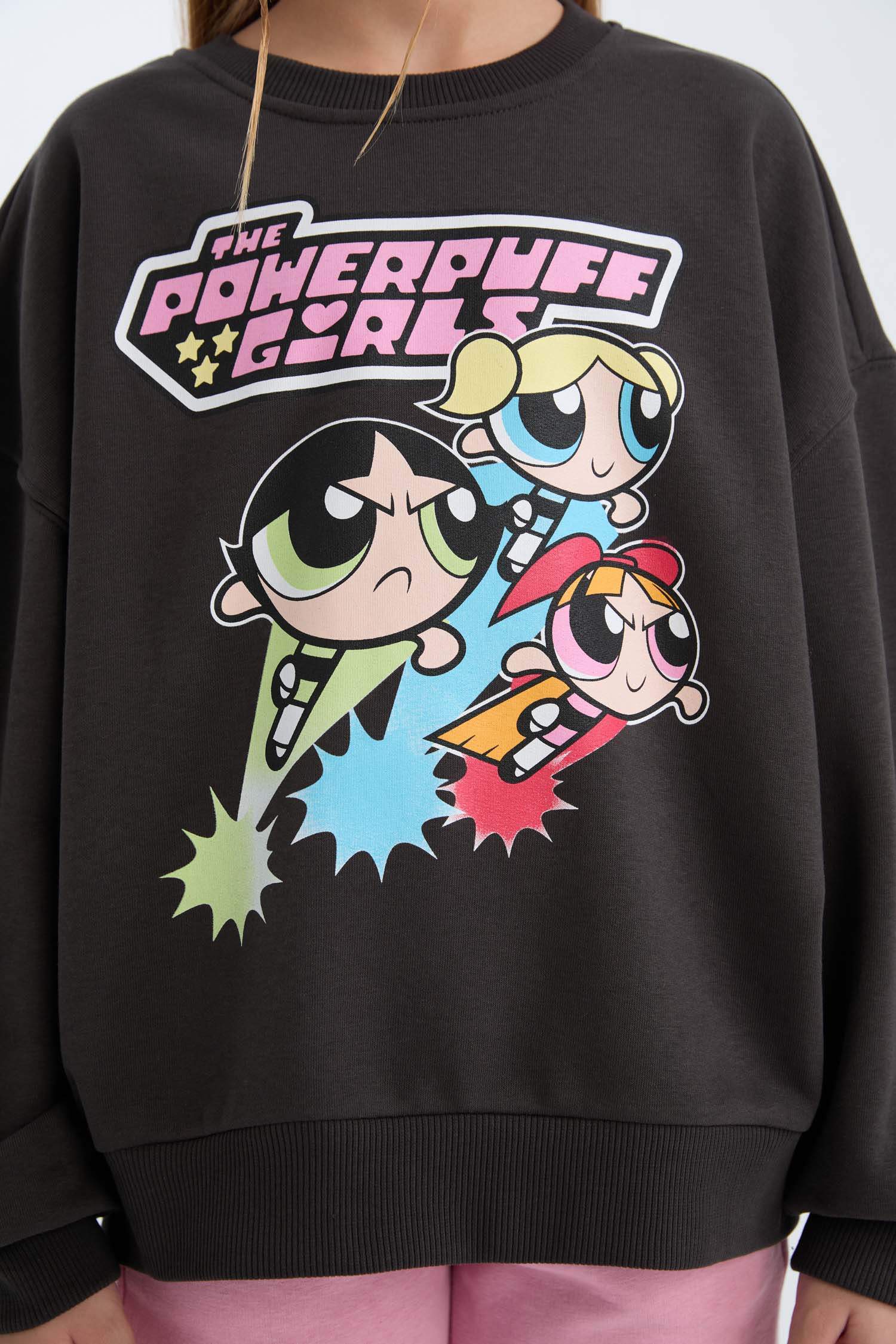 Kız Çocuk PowerPuff Girls Oversize Geniş Kalıp Bisiklet Yaka Sweatshirt