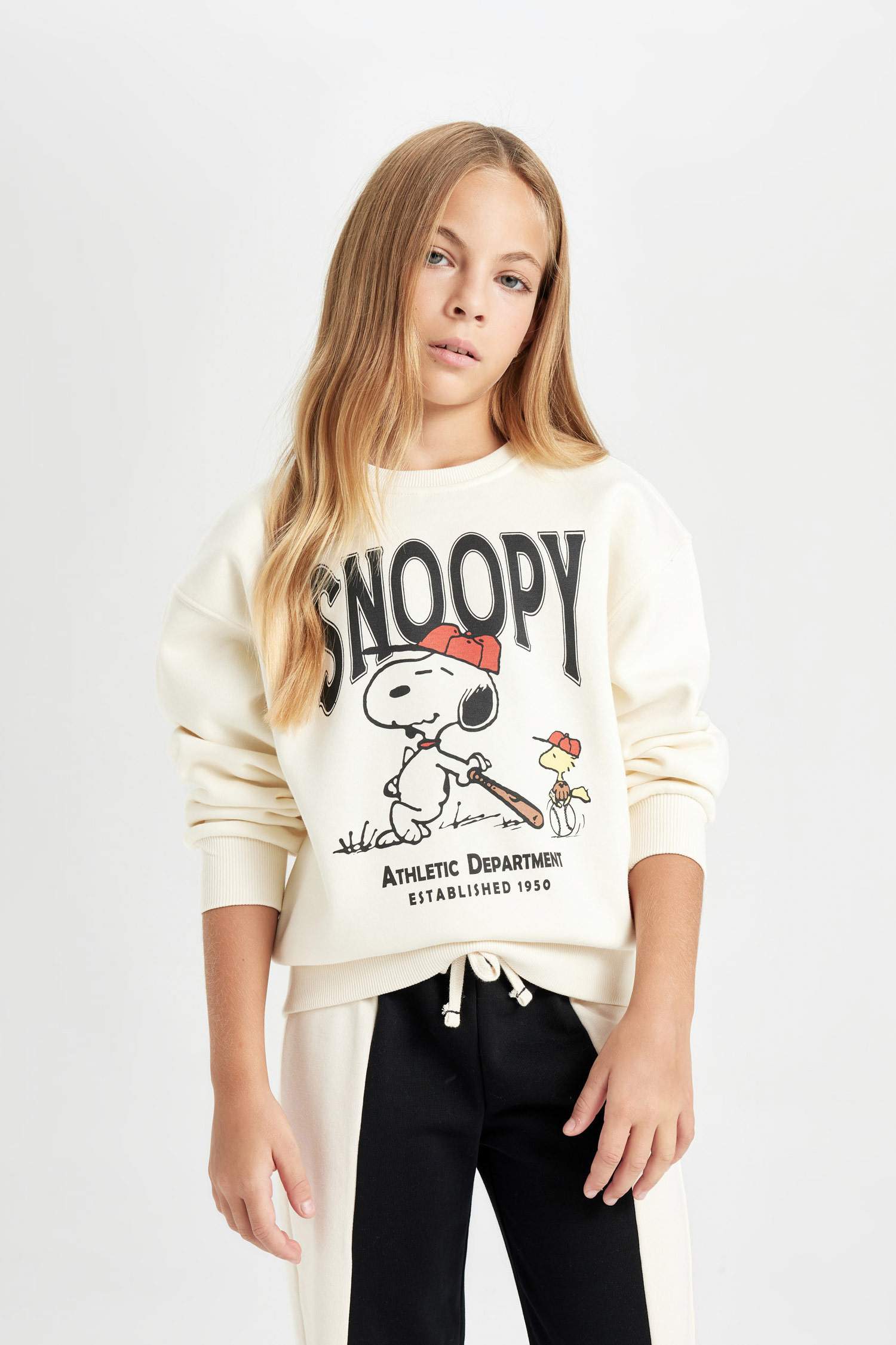 Kız Çocuk Snoopy Oversize Geniş Kalıp Bisiklet Yaka Sweatshirt