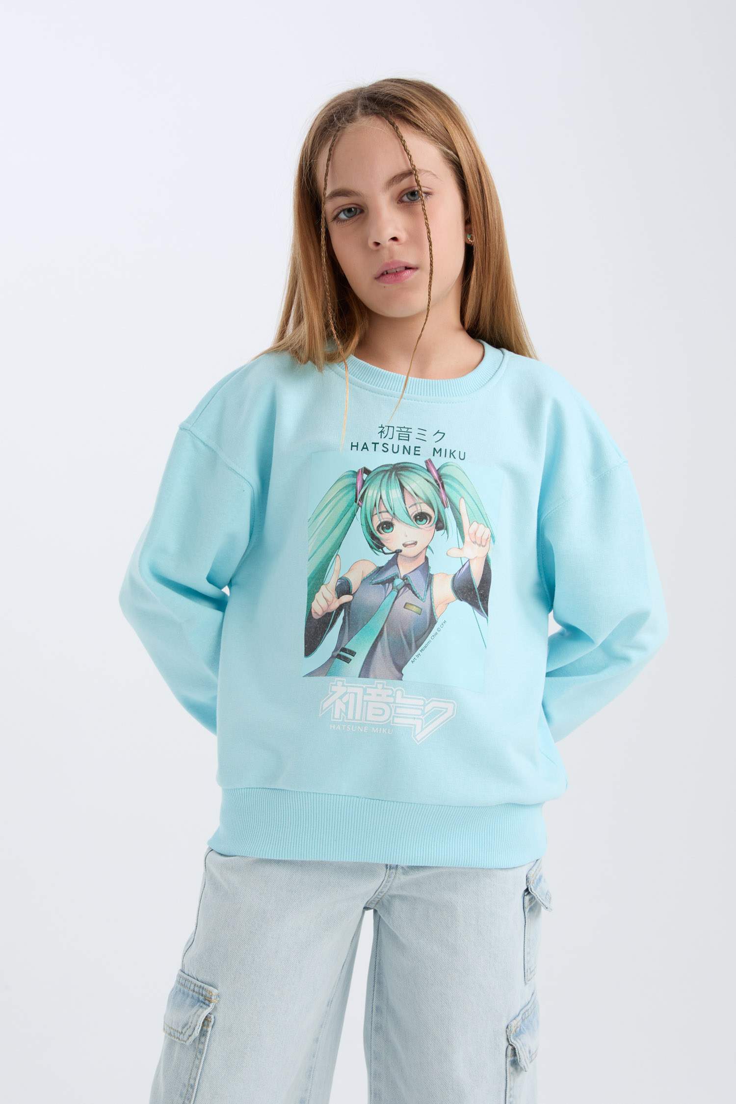 Kız Çocuk Hatsune Miku Oversize Geniş Kalıp Bisiklet Yaka Sweatshirt