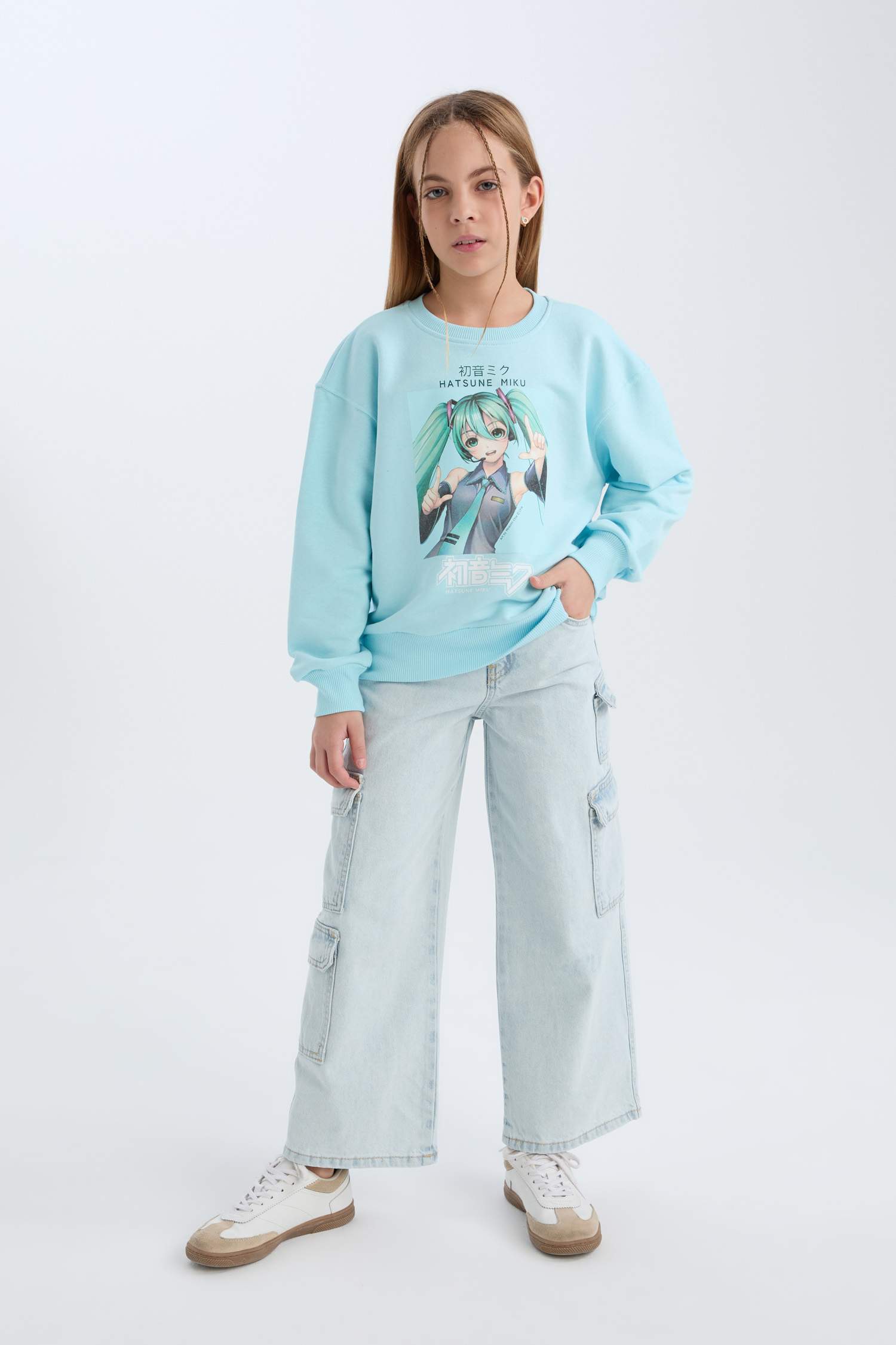 Kız Çocuk Hatsune Miku Oversize Geniş Kalıp Bisiklet Yaka Sweatshirt