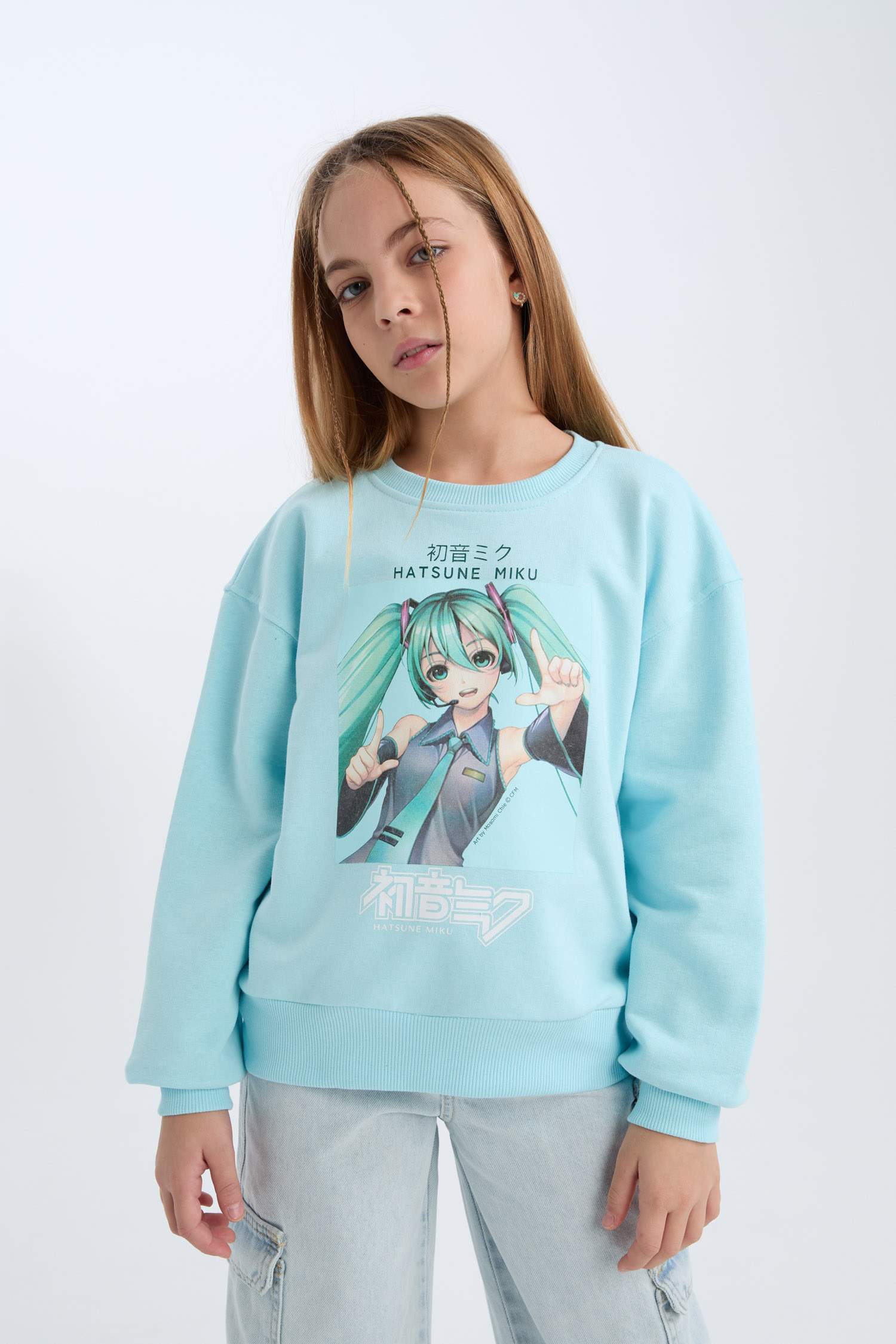 Kız Çocuk Hatsune Miku Oversize Geniş Kalıp Bisiklet Yaka Sweatshirt