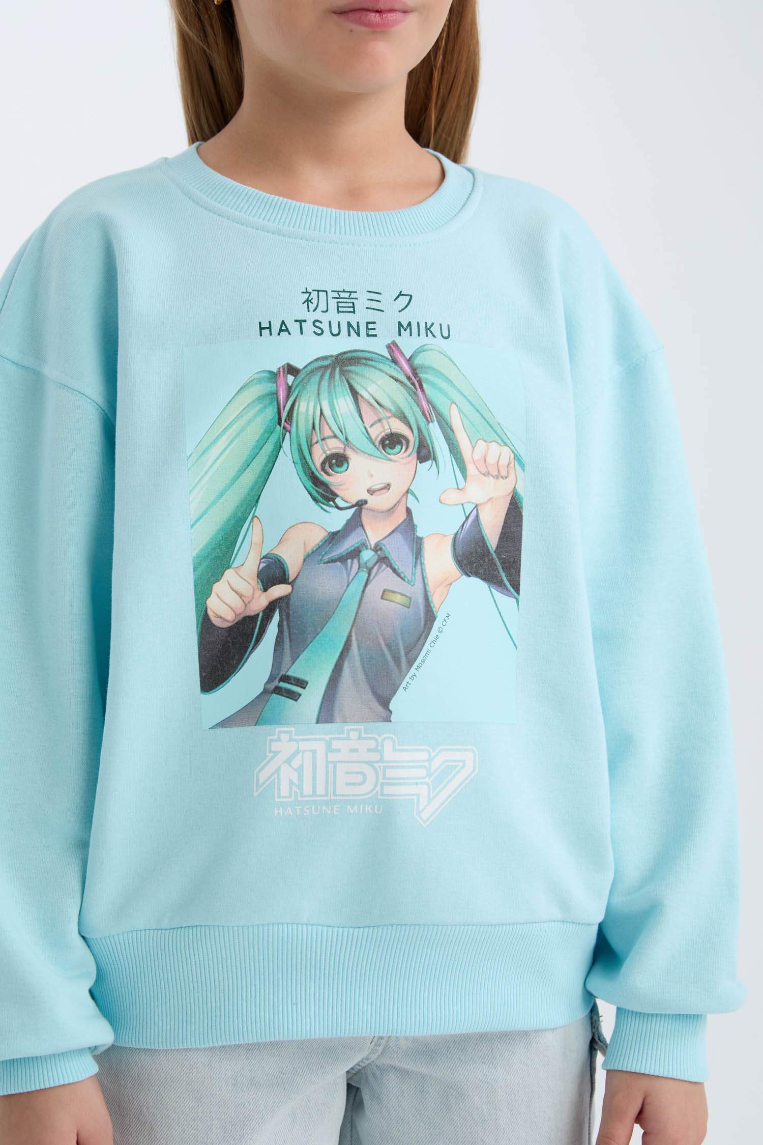 Kız Çocuk Hatsune Miku Oversize Geniş Kalıp Bisiklet Yaka Sweatshirt