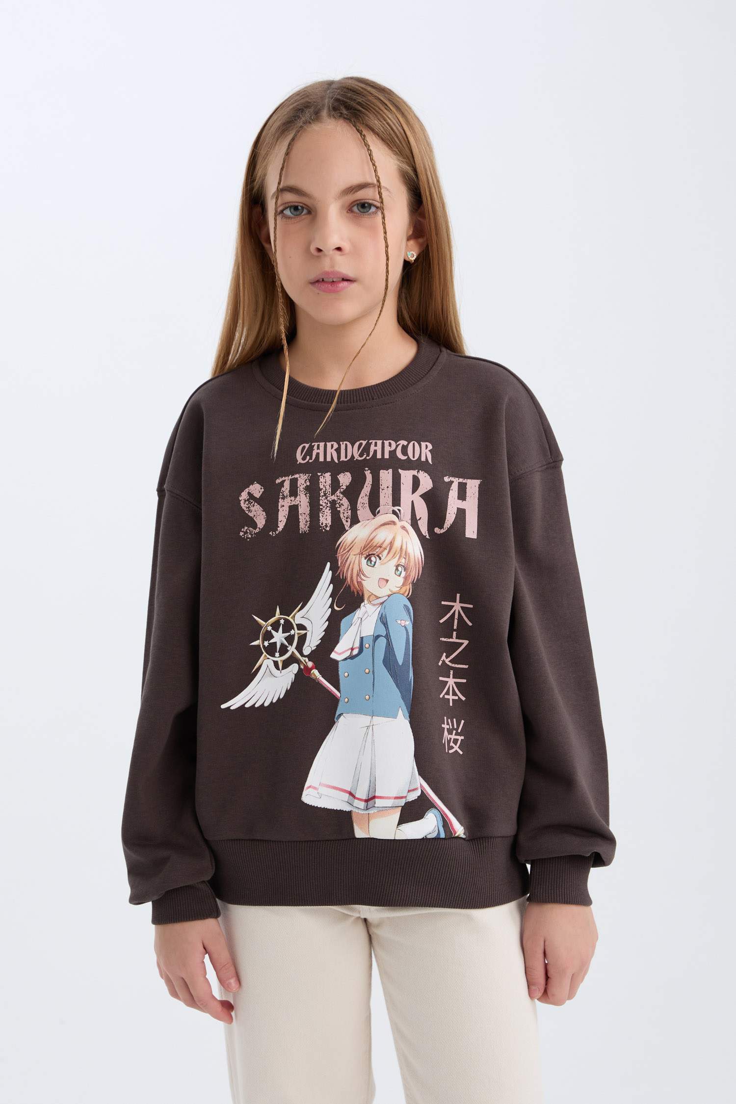 Kız Çocuk Sakura Oversize Geniş Kalıp Bisiklet Yaka Sweatshirt