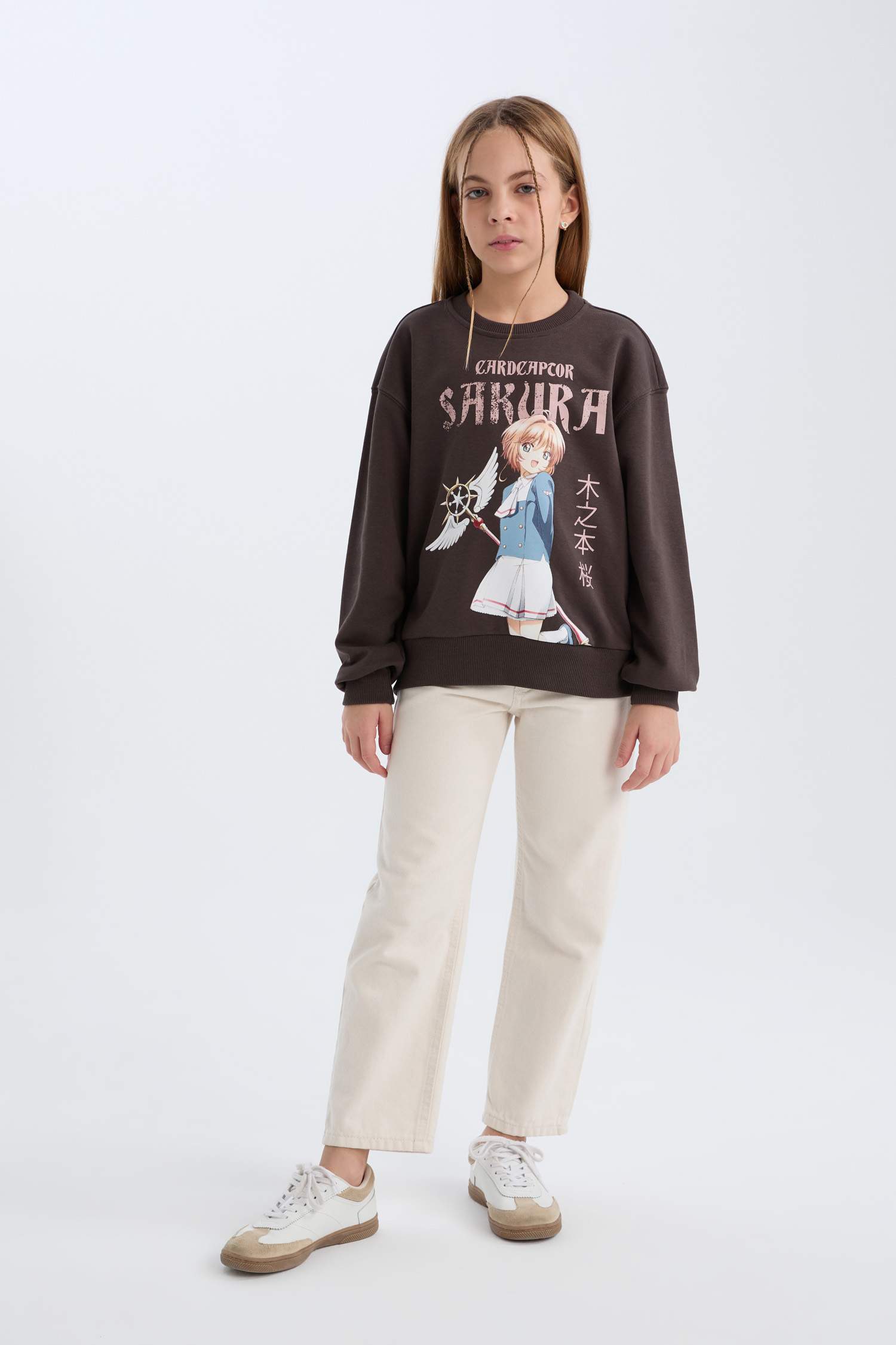 Kız Çocuk Sakura Oversize Geniş Kalıp Bisiklet Yaka Sweatshirt