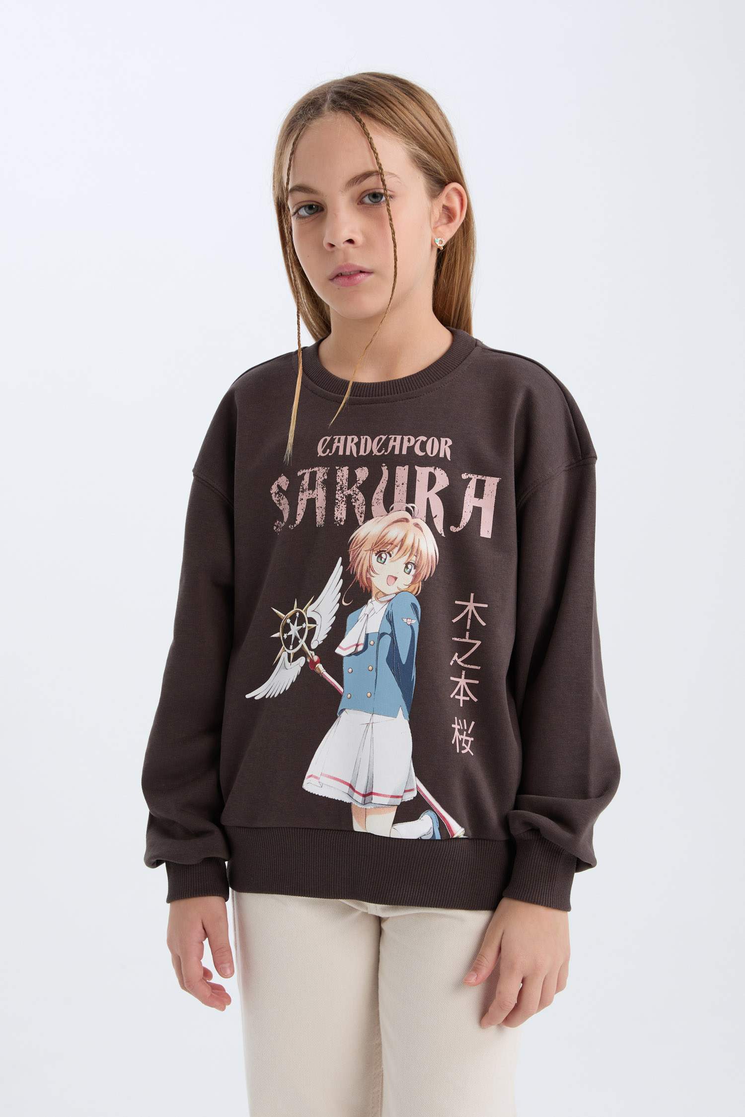 Kız Çocuk Sakura Oversize Geniş Kalıp Bisiklet Yaka Sweatshirt