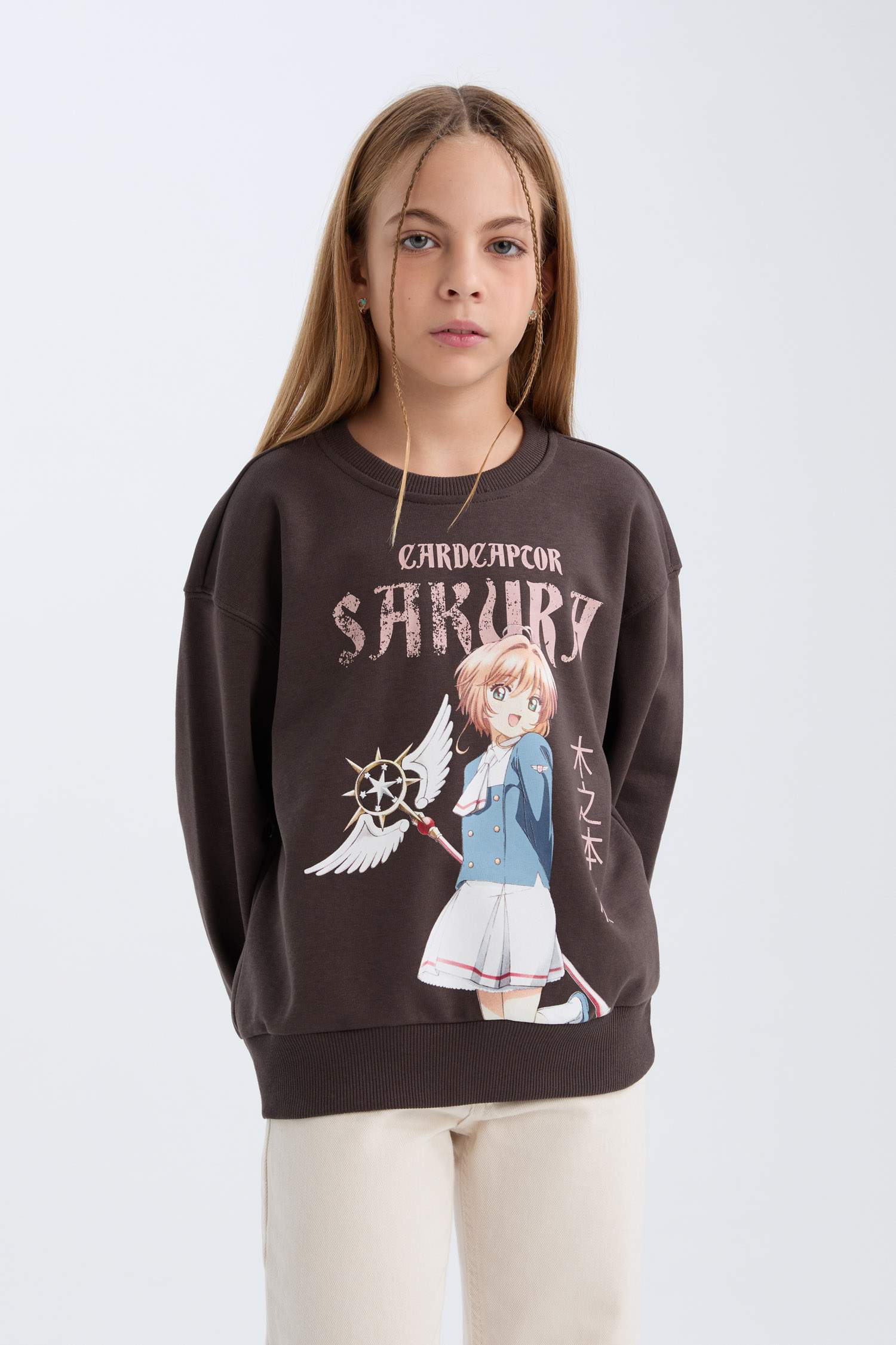 Kız Çocuk Sakura Oversize Geniş Kalıp Bisiklet Yaka Sweatshirt