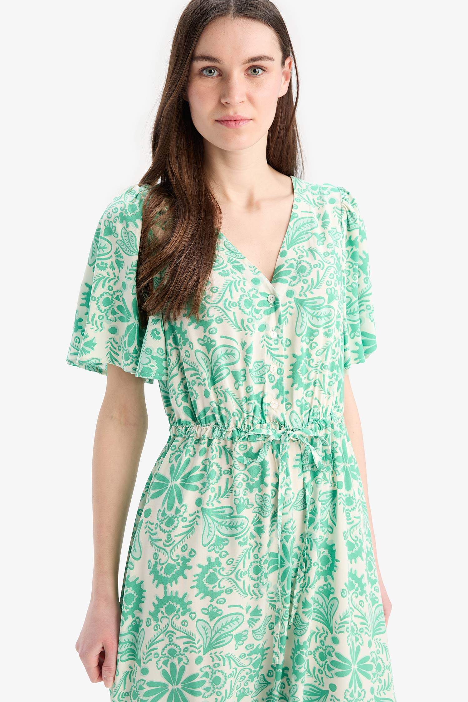 فستان ميدي نص كم فلورال برقبة V