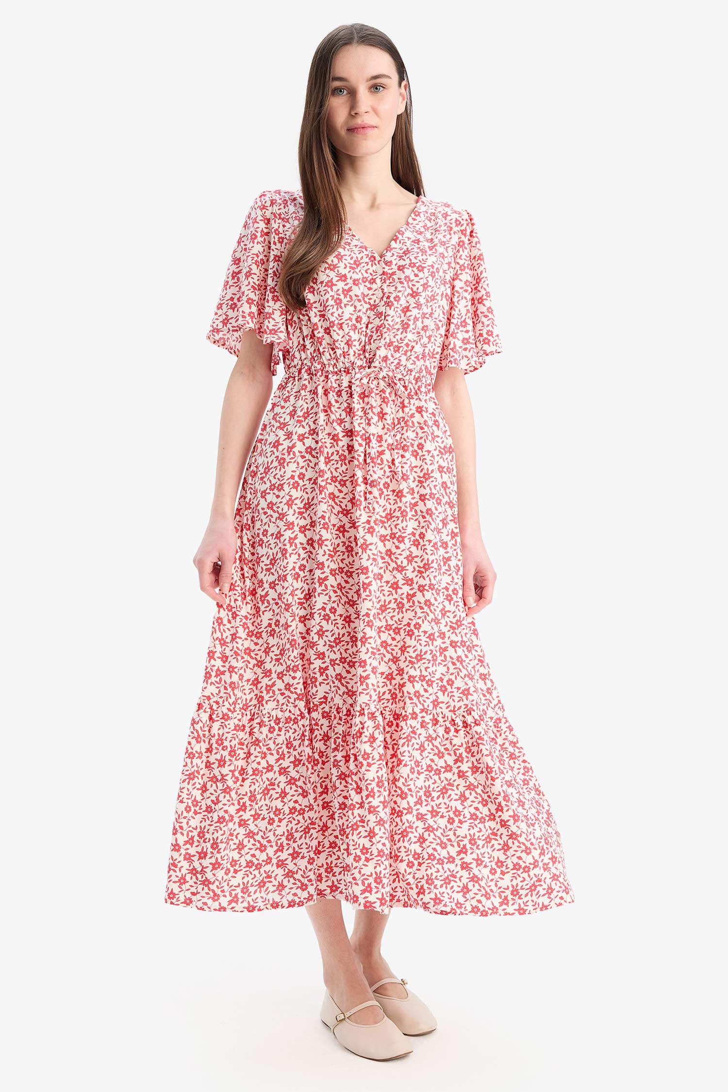 V Yaka Çiçek Desenli Bağcıklı Kısa Kollu Midi Yazlık Elbise