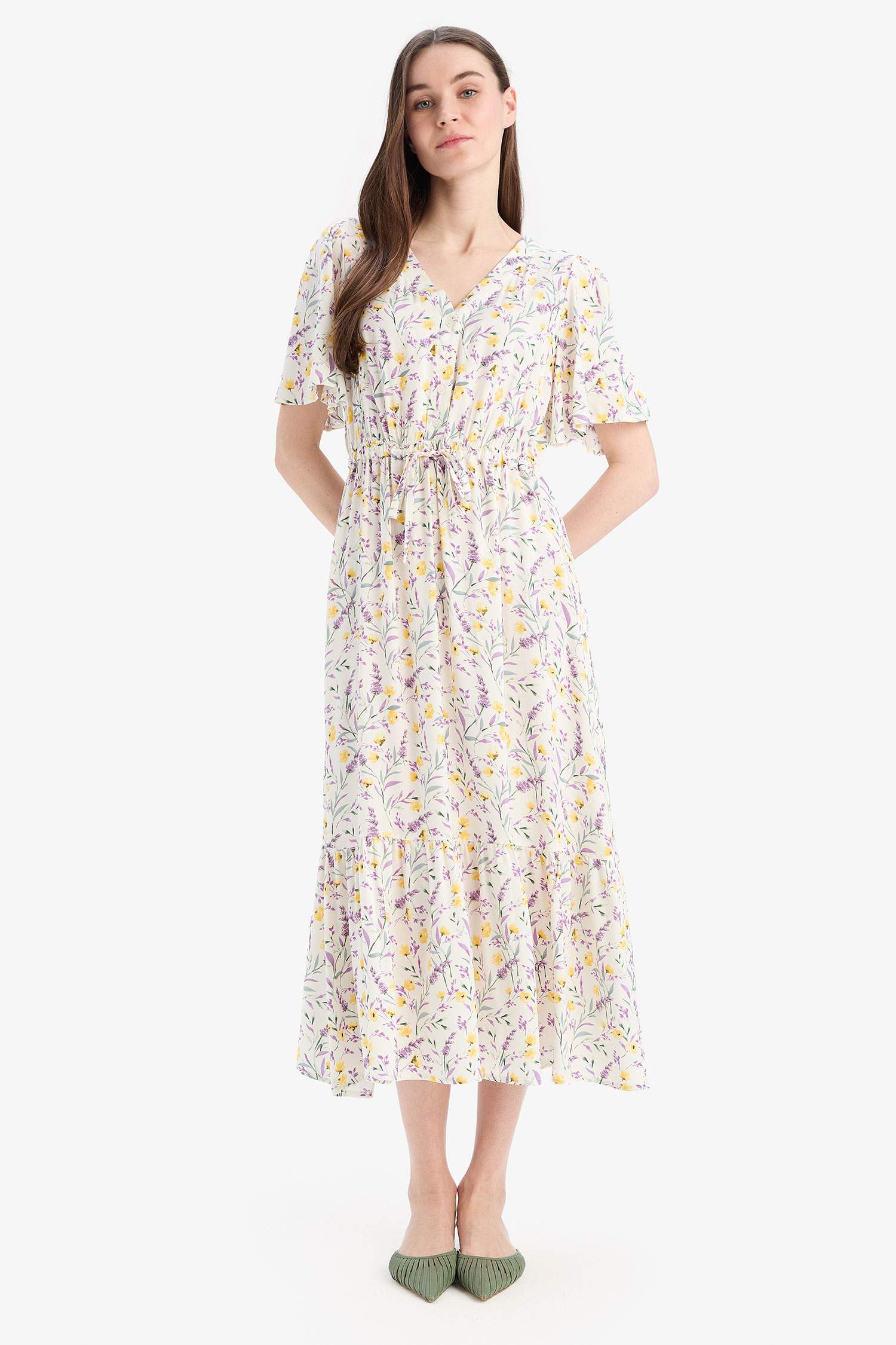 V Neck Floral Patterned Short Sleeve Midi Summer Dress