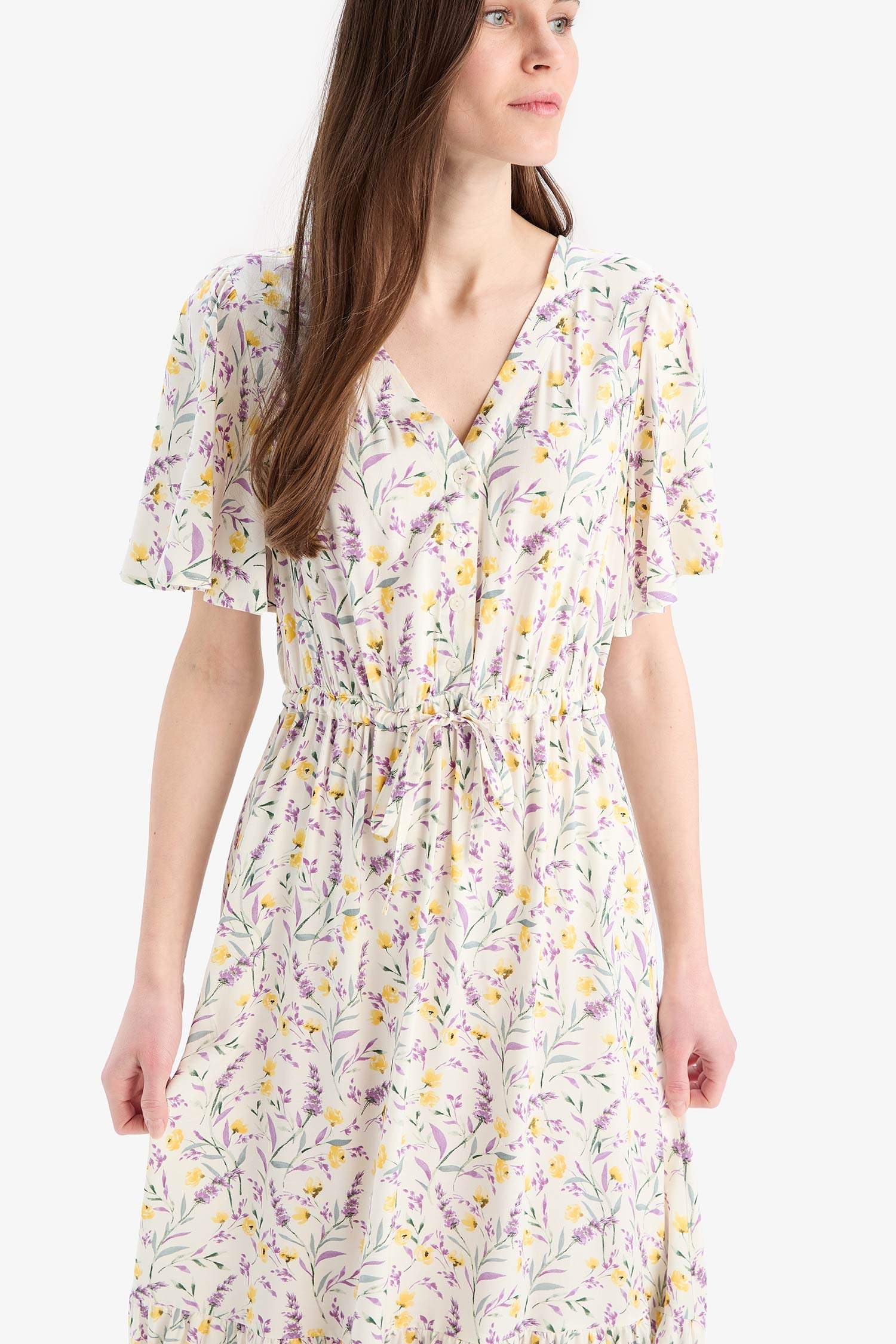 V Neck Floral Patterned Short Sleeve Midi Summer Dress
