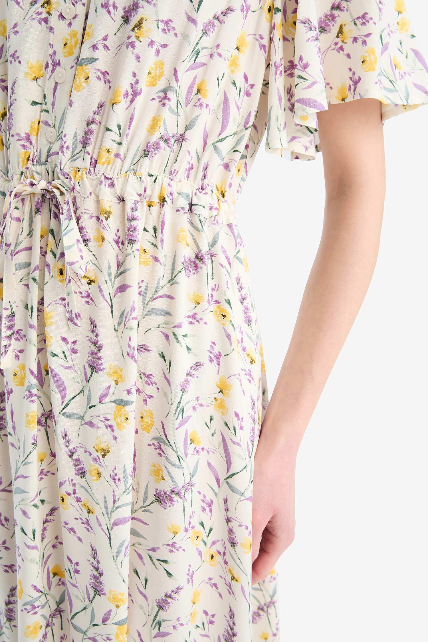 V Neck Floral Patterned Short Sleeve Midi Summer Dress