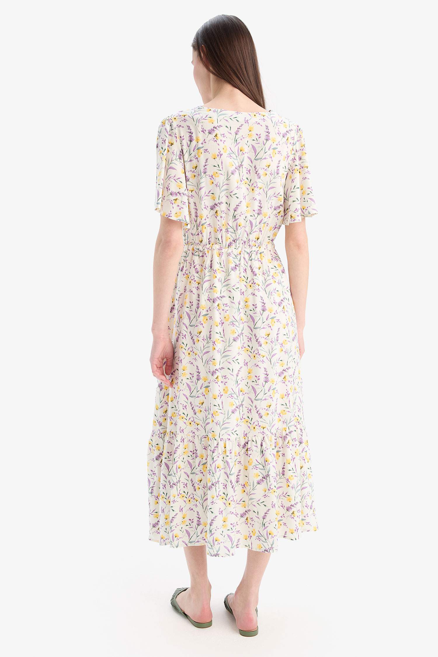 V Neck Floral Patterned Short Sleeve Midi Summer Dress