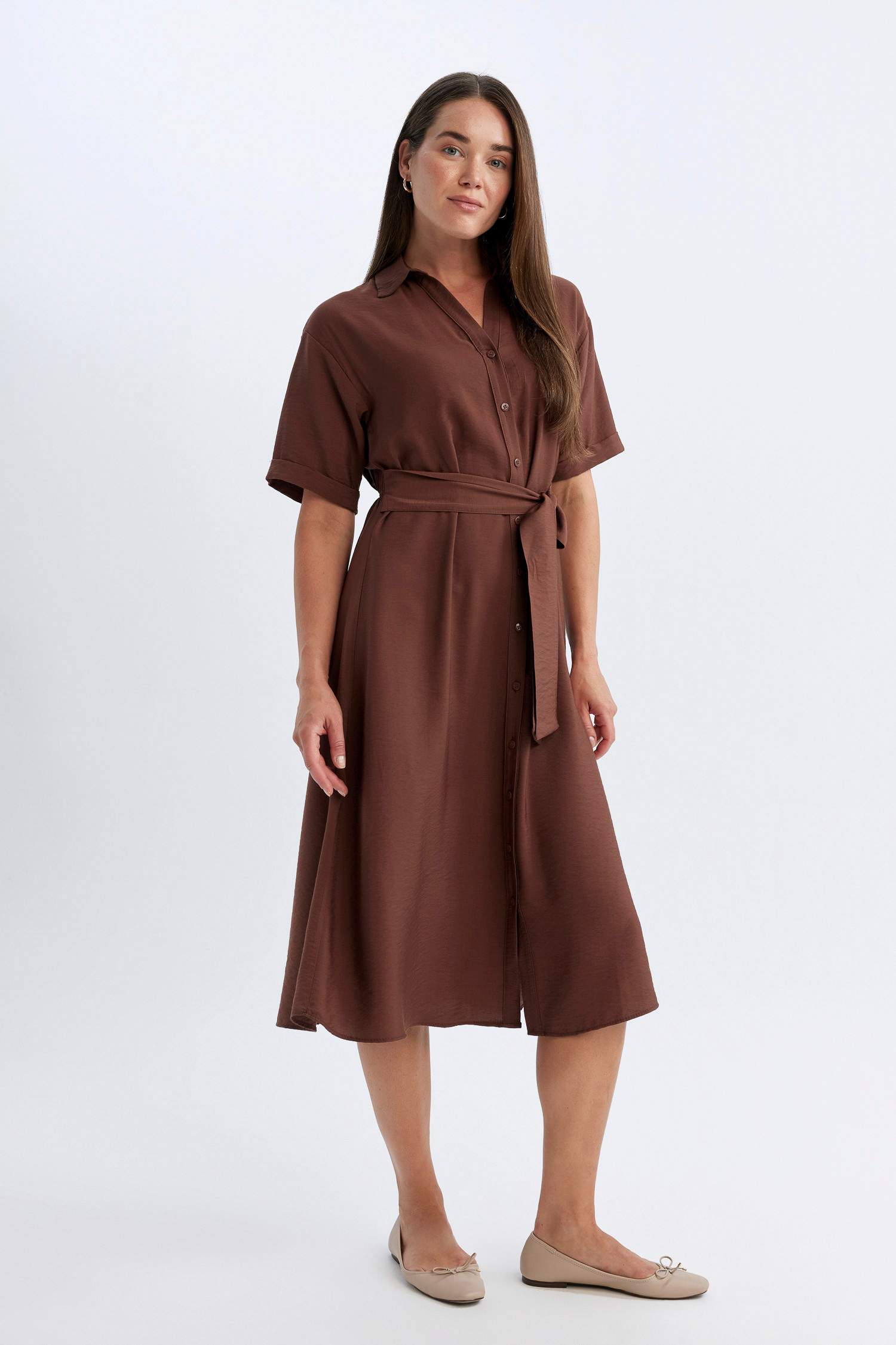 Shirt Collar Long Sleeve Midi Dress