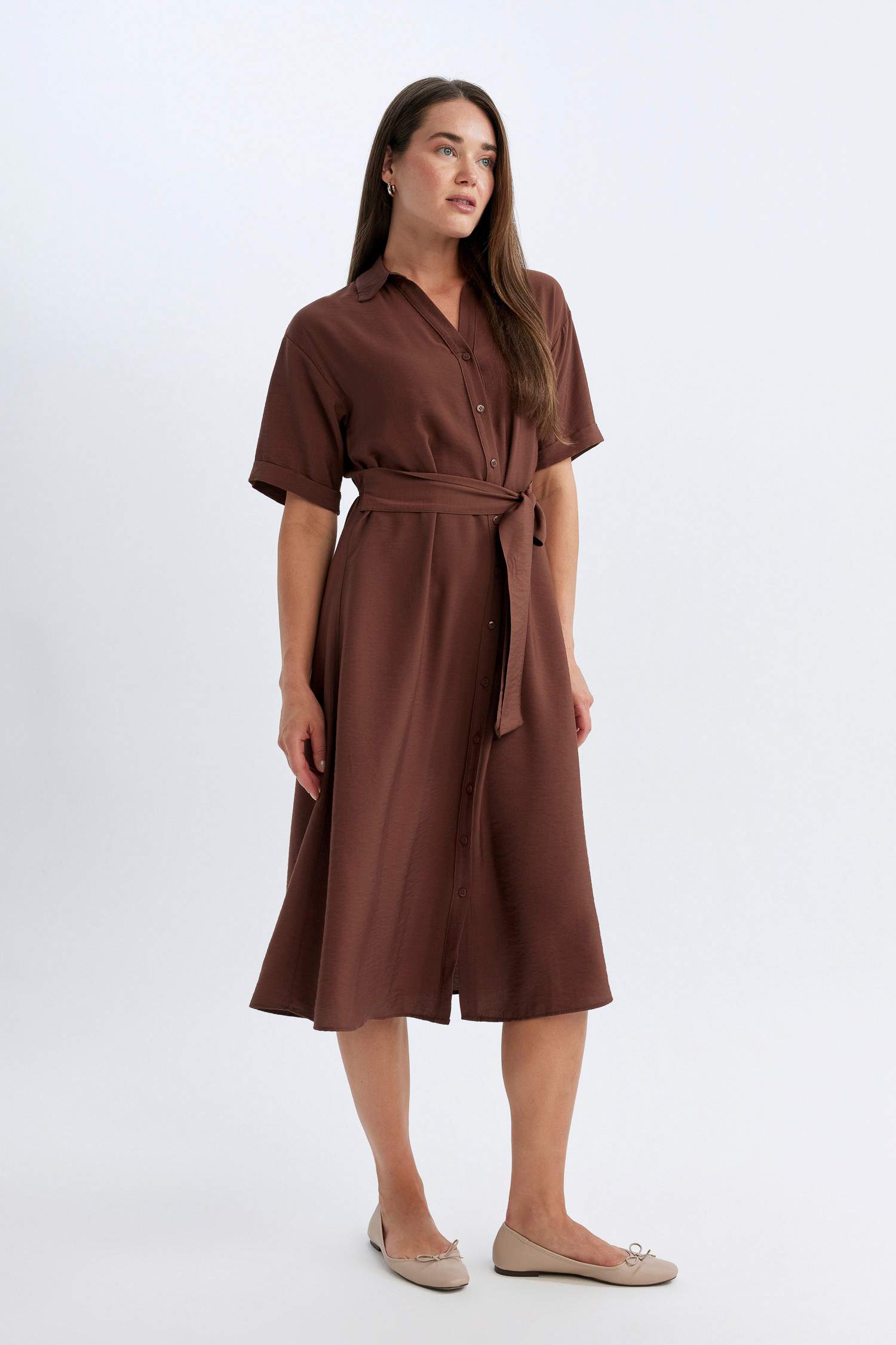 Shirt Collar Long Sleeve Midi Dress