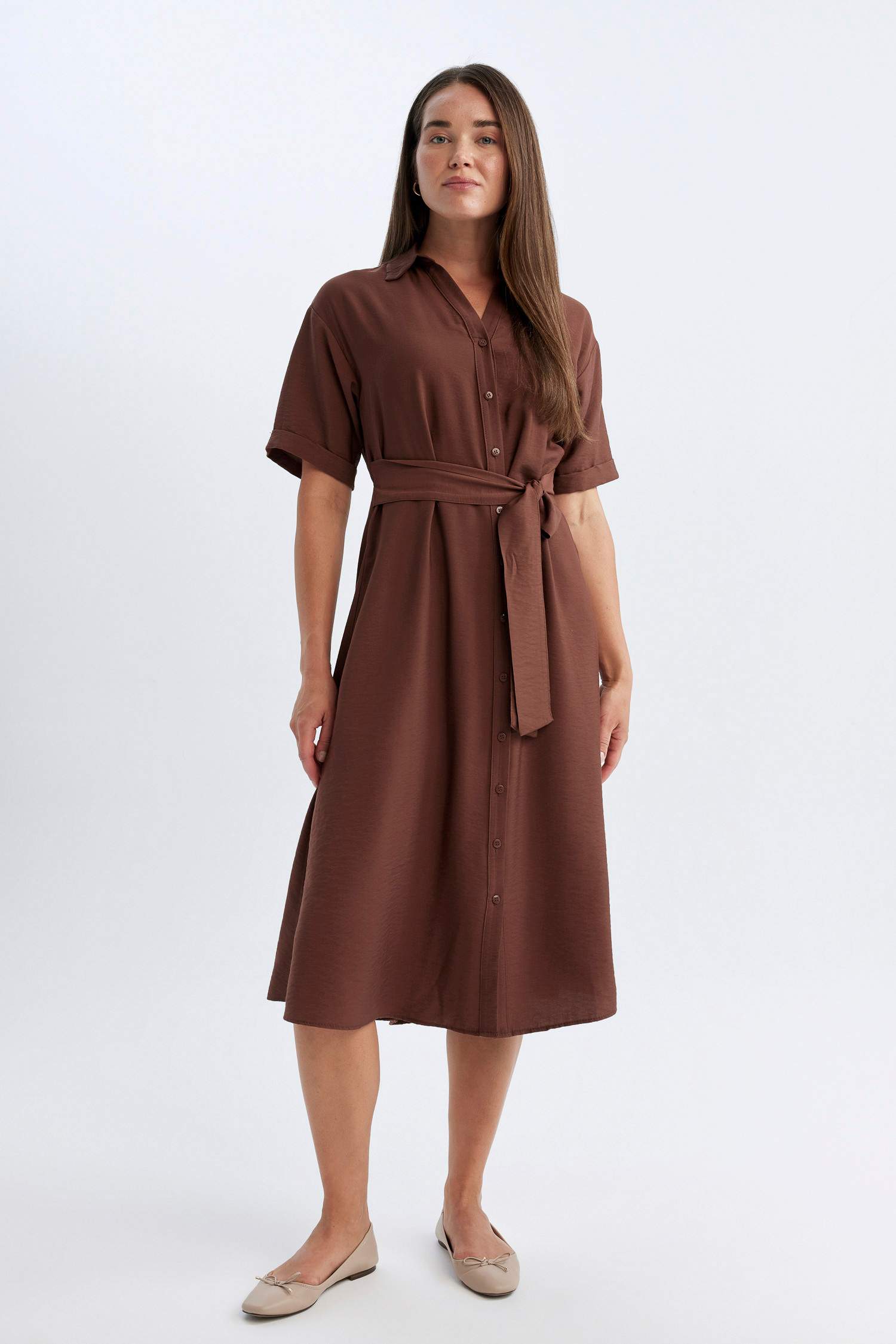 Shirt Collar Long Sleeve Midi Dress