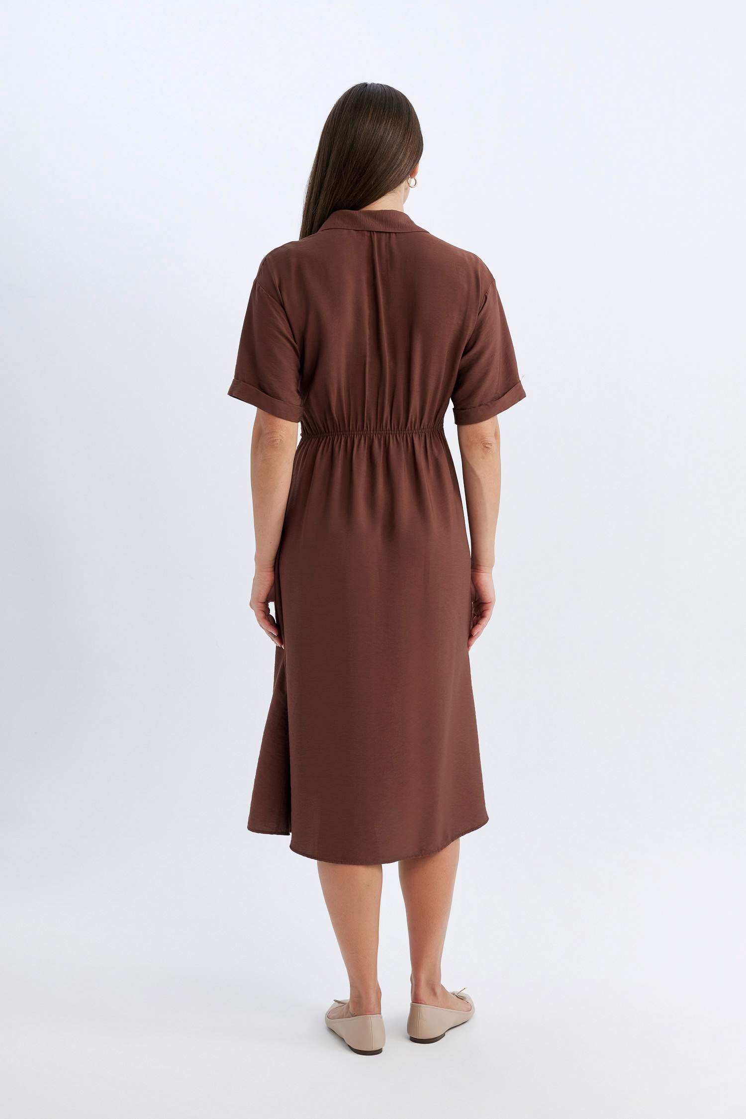 Shirt Collar Long Sleeve Midi Dress