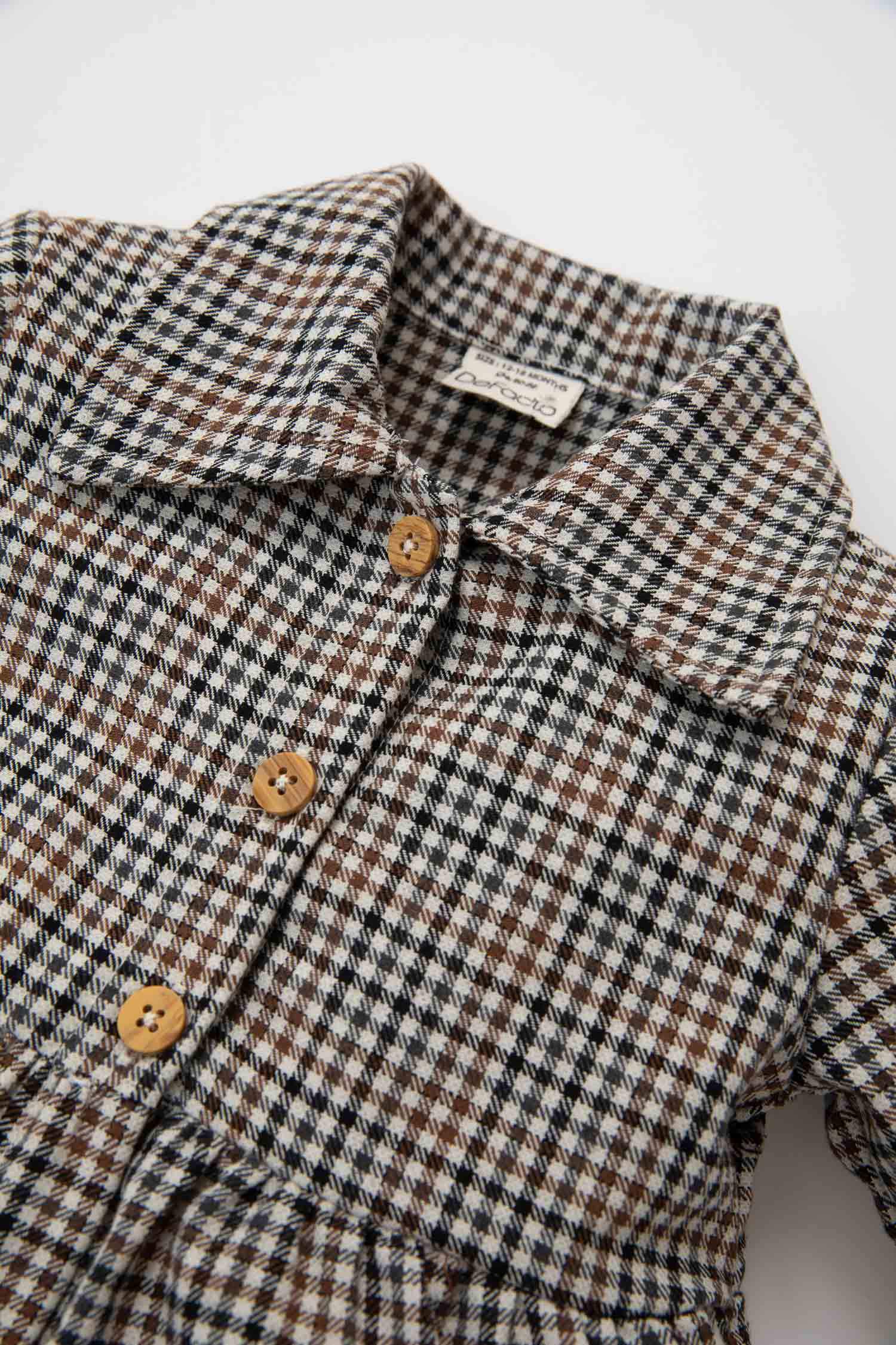 Kız Bebek Okul Düğmeli Kareli Uzun Kollu Flanel Elbise