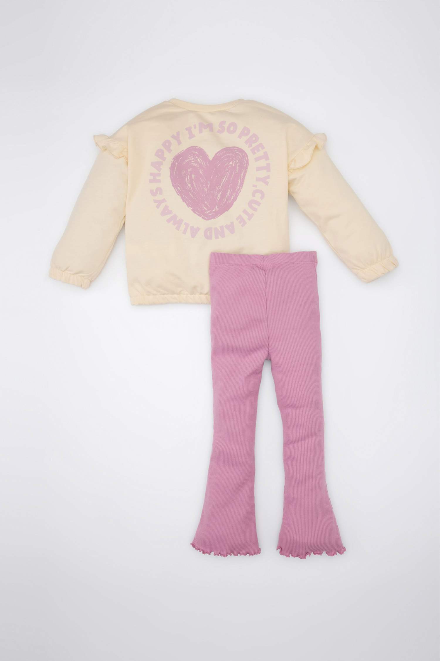 Kız Bebek 2'li Takım Kalp Desenli Sweatshirt Beli Lastikli İspanyol Paça Tayt