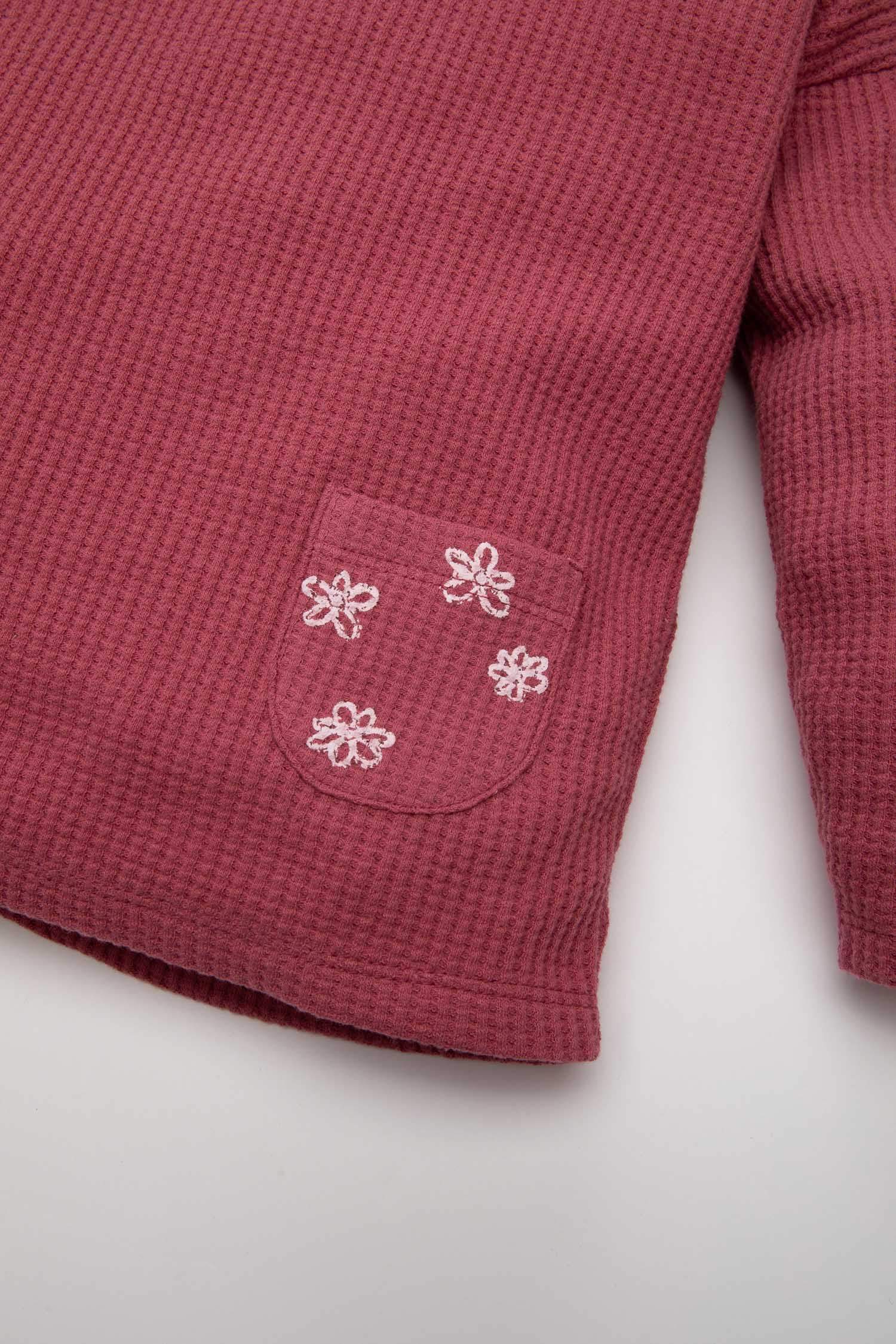 Kız Bebek 2'li Takım Çiçekli Uzun Kollu Tişört Üst Beli Lastikli Waffle Uzun Tayt