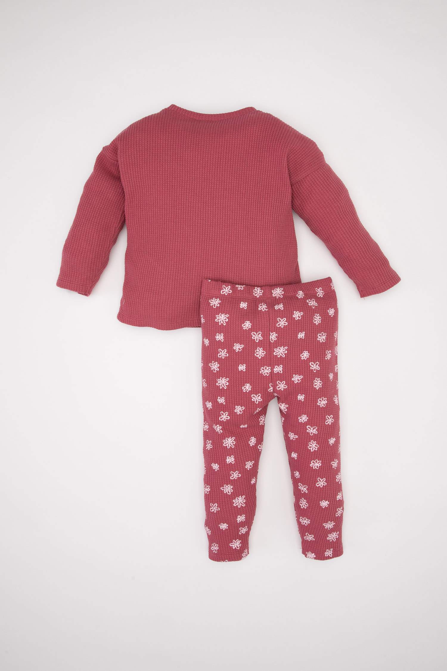 Kız Bebek 2'li Takım Çiçekli Uzun Kollu Tişört Üst Beli Lastikli Waffle Uzun Tayt