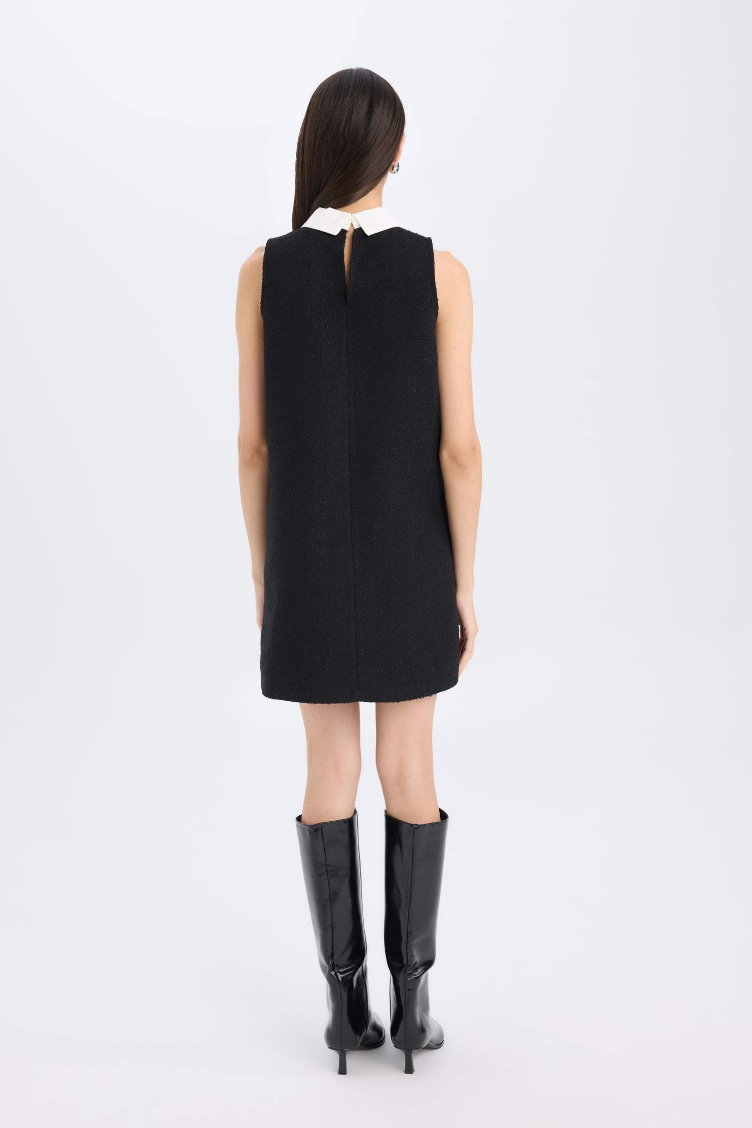 A Kesim Gömlek Yaka Basic Düz Tweed Kolsuz Mini Siyah Elbise