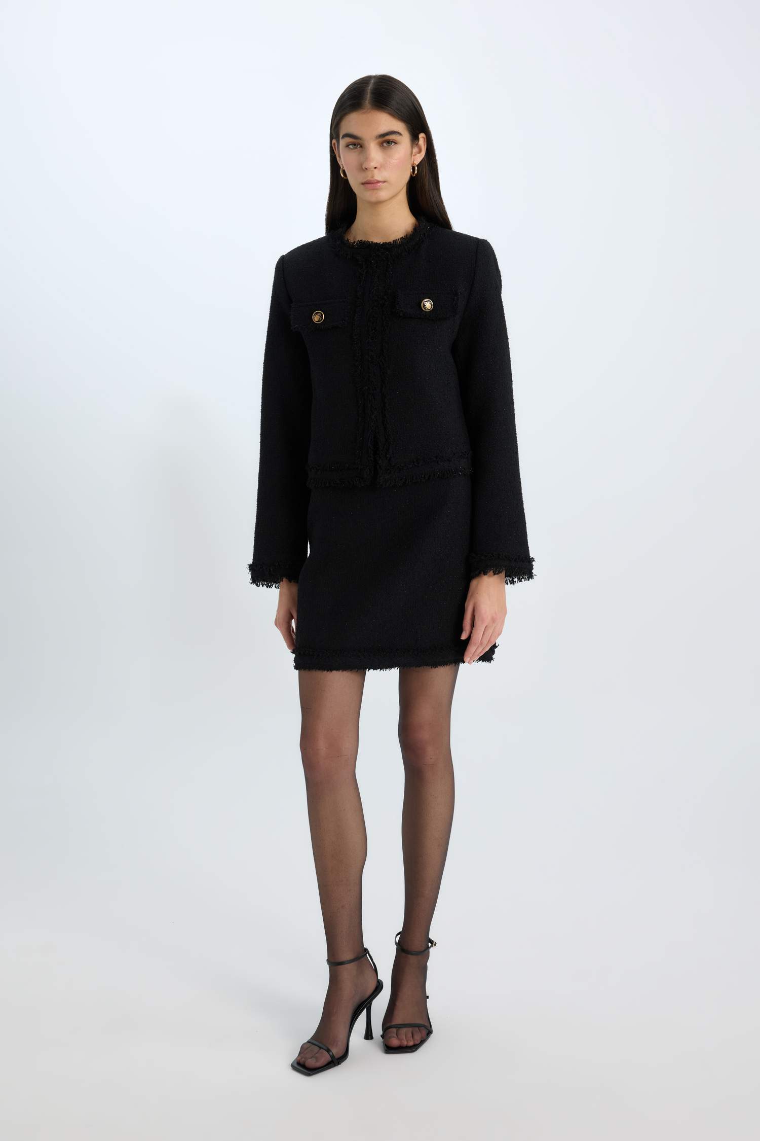 A Kesim Yüksek Bel Basic Düz Tweed Mini Siyah Etek