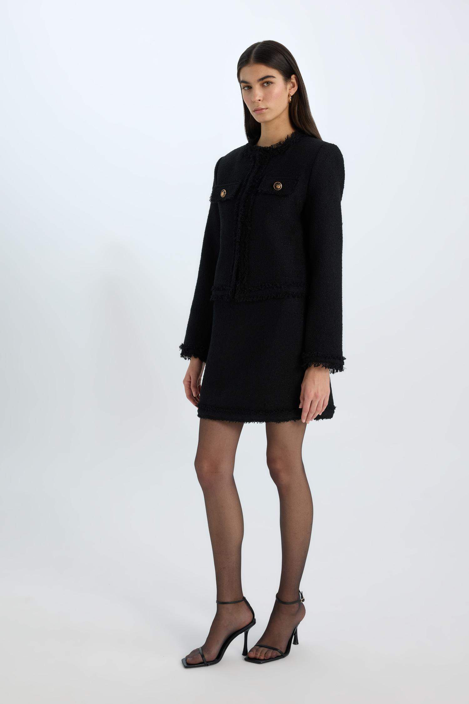 A Kesim Yüksek Bel Basic Düz Tweed Mini Siyah Etek