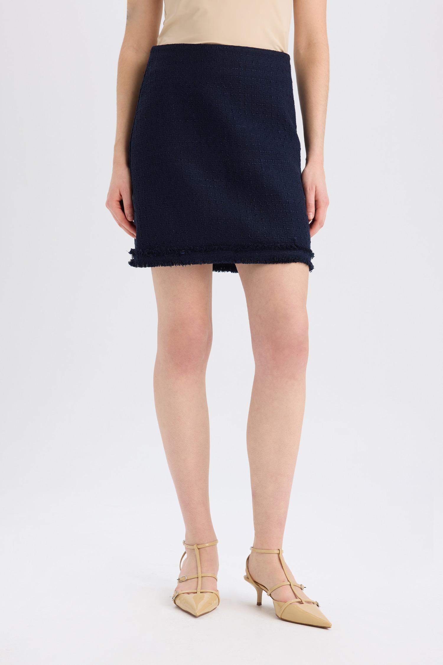 	A Kesim Yüksek Bel Basic Düz Tweed Mini Etek