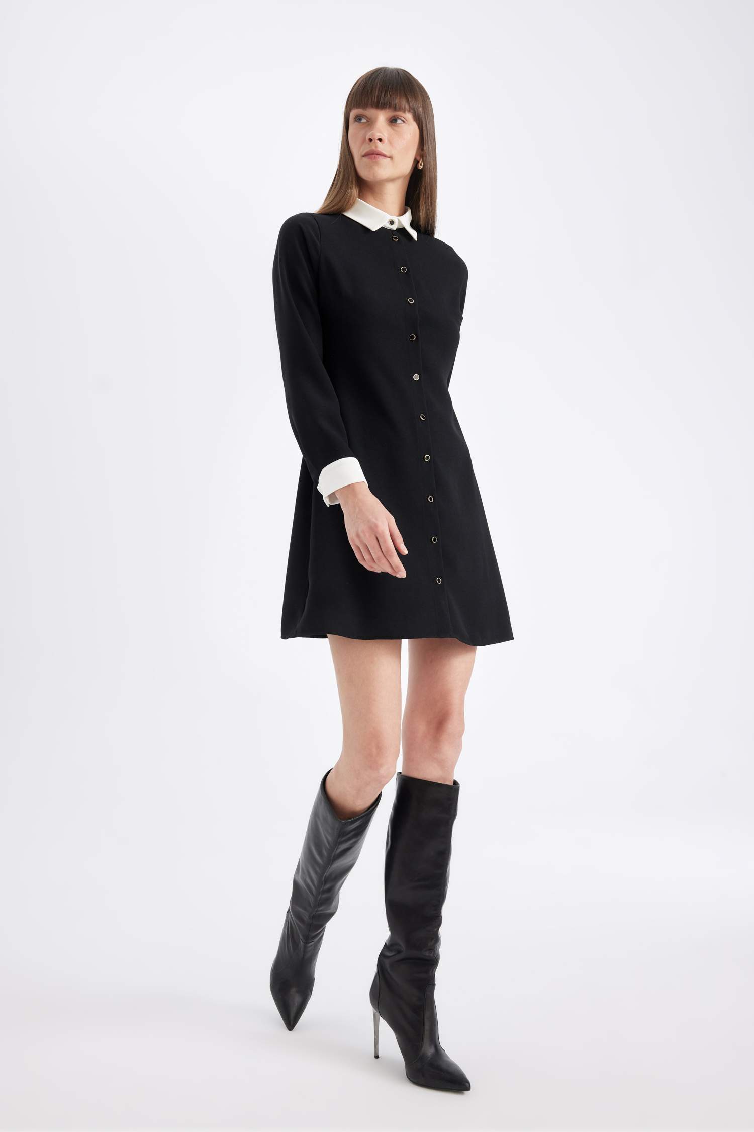 Gömlek Yaka Basic Düz Düğmeli Krep Uzun Kollu Mini Siyah Elbise