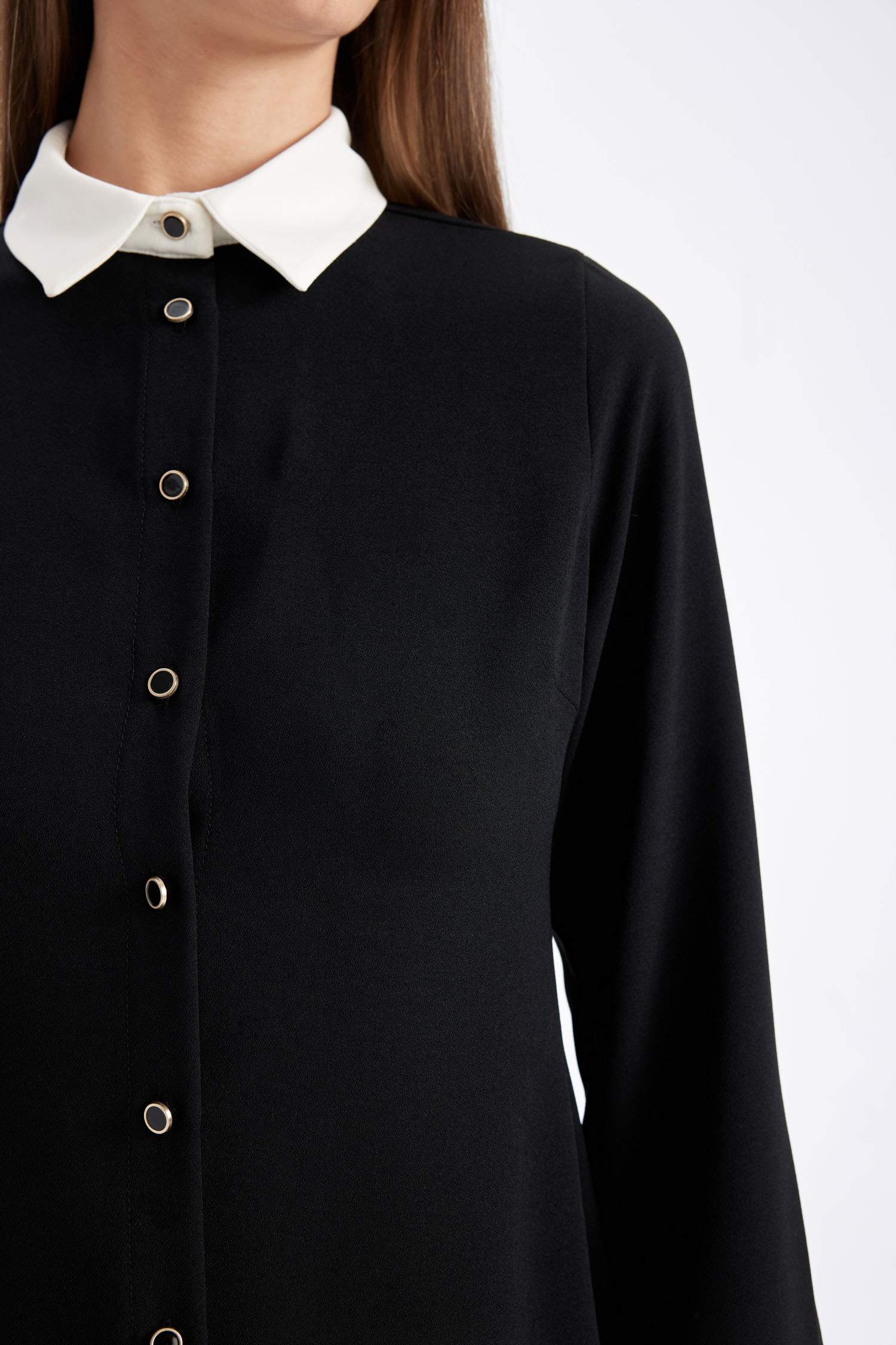 Gömlek Yaka Basic Düz Düğmeli Krep Uzun Kollu Mini Siyah Elbise