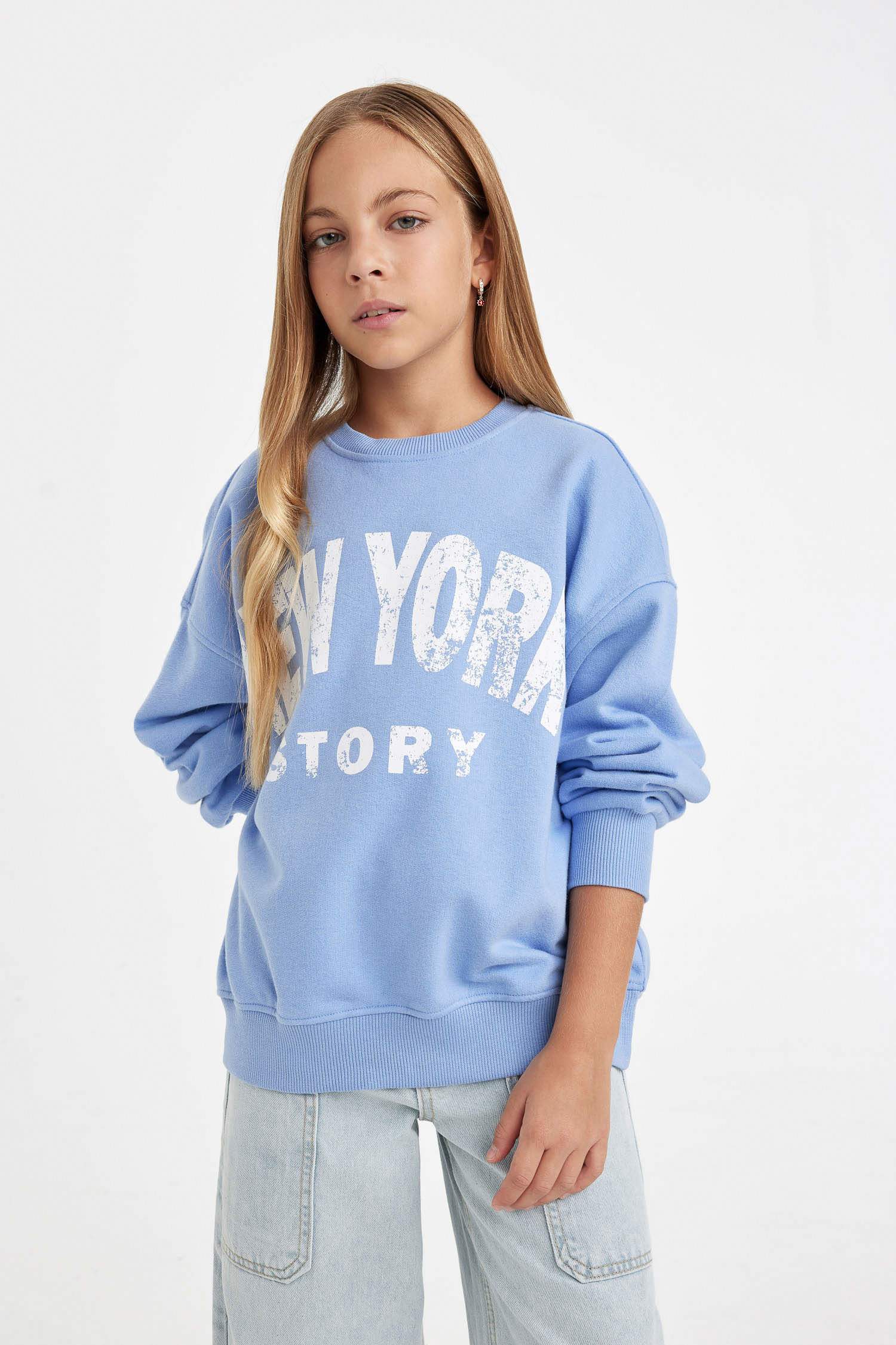 Kız Çocuk Oversize Geniş Kalıp Bisiklet Yaka Baskılı Sweatshirt