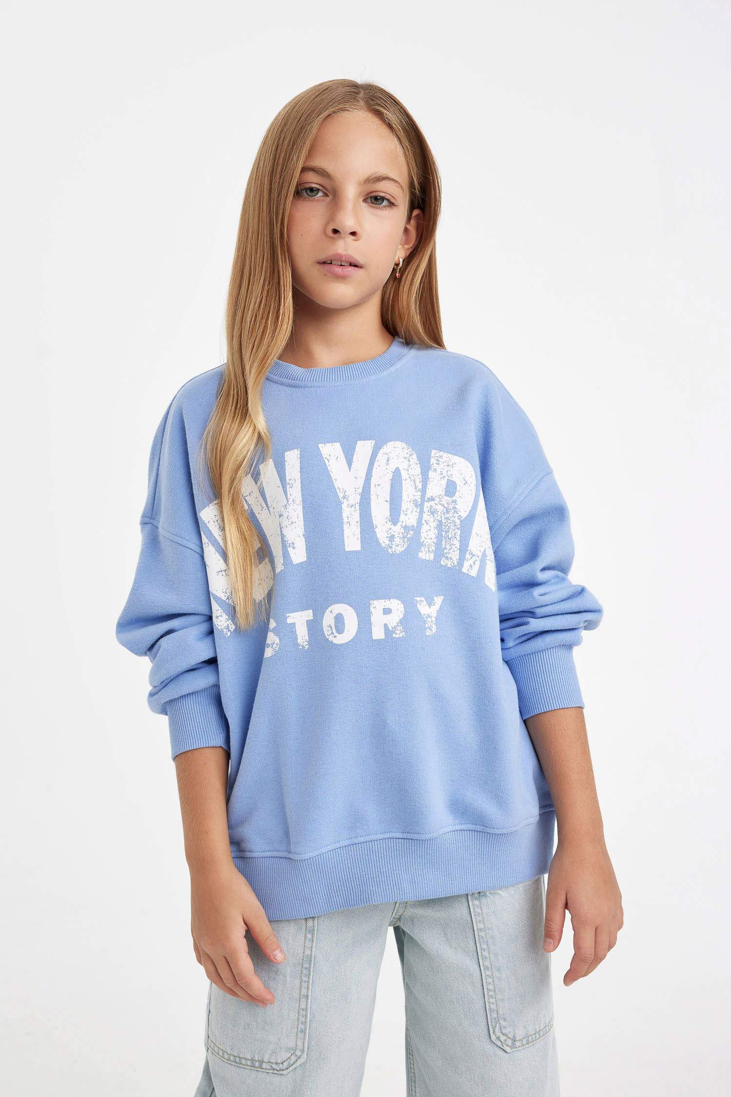 Kız Çocuk Oversize Geniş Kalıp Bisiklet Yaka Baskılı Sweatshirt