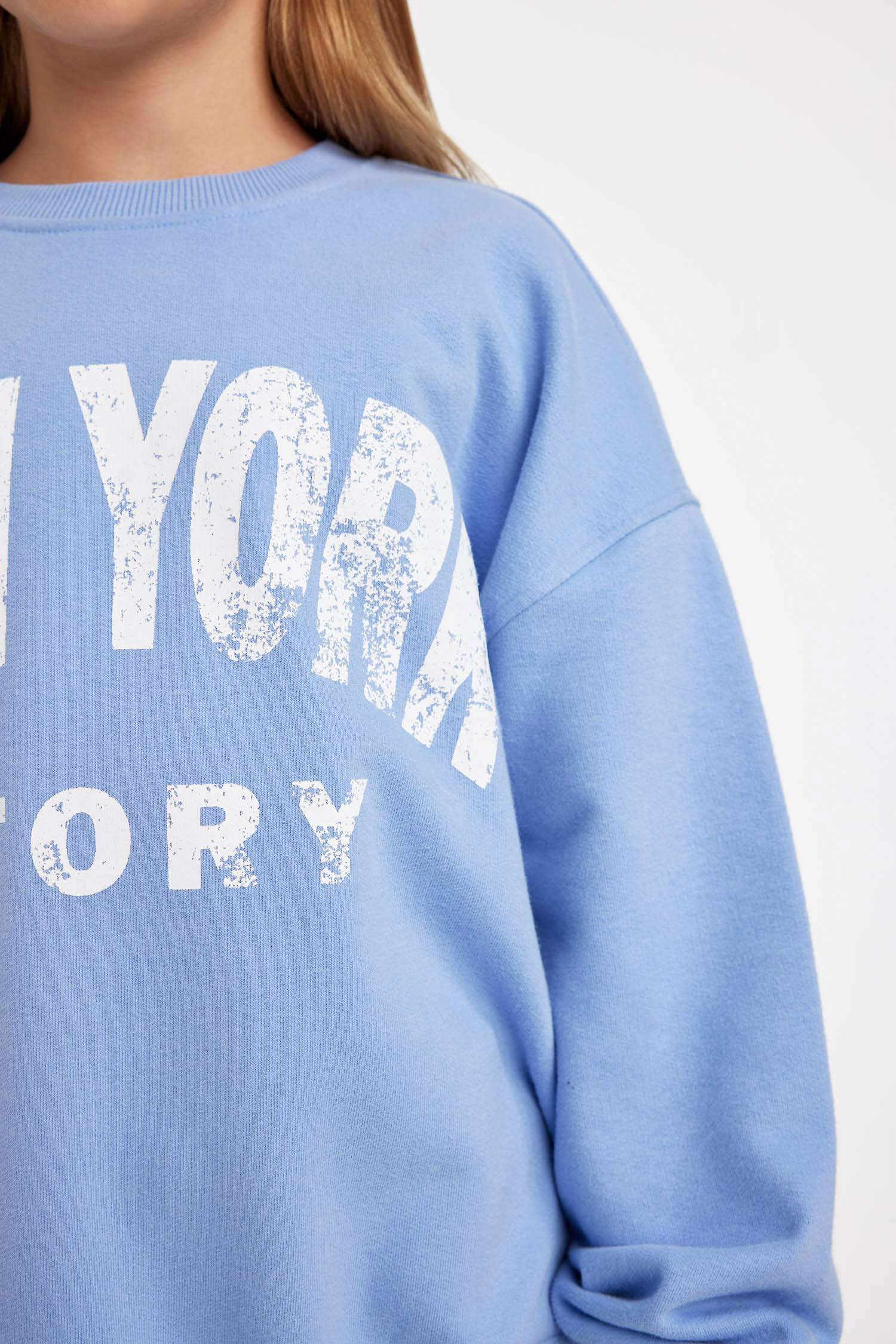 Kız Çocuk Oversize Geniş Kalıp Bisiklet Yaka Baskılı Sweatshirt