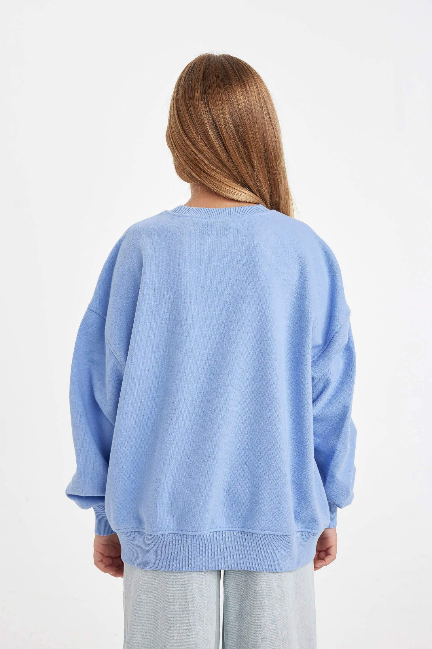 Kız Çocuk Oversize Geniş Kalıp Bisiklet Yaka Baskılı Sweatshirt