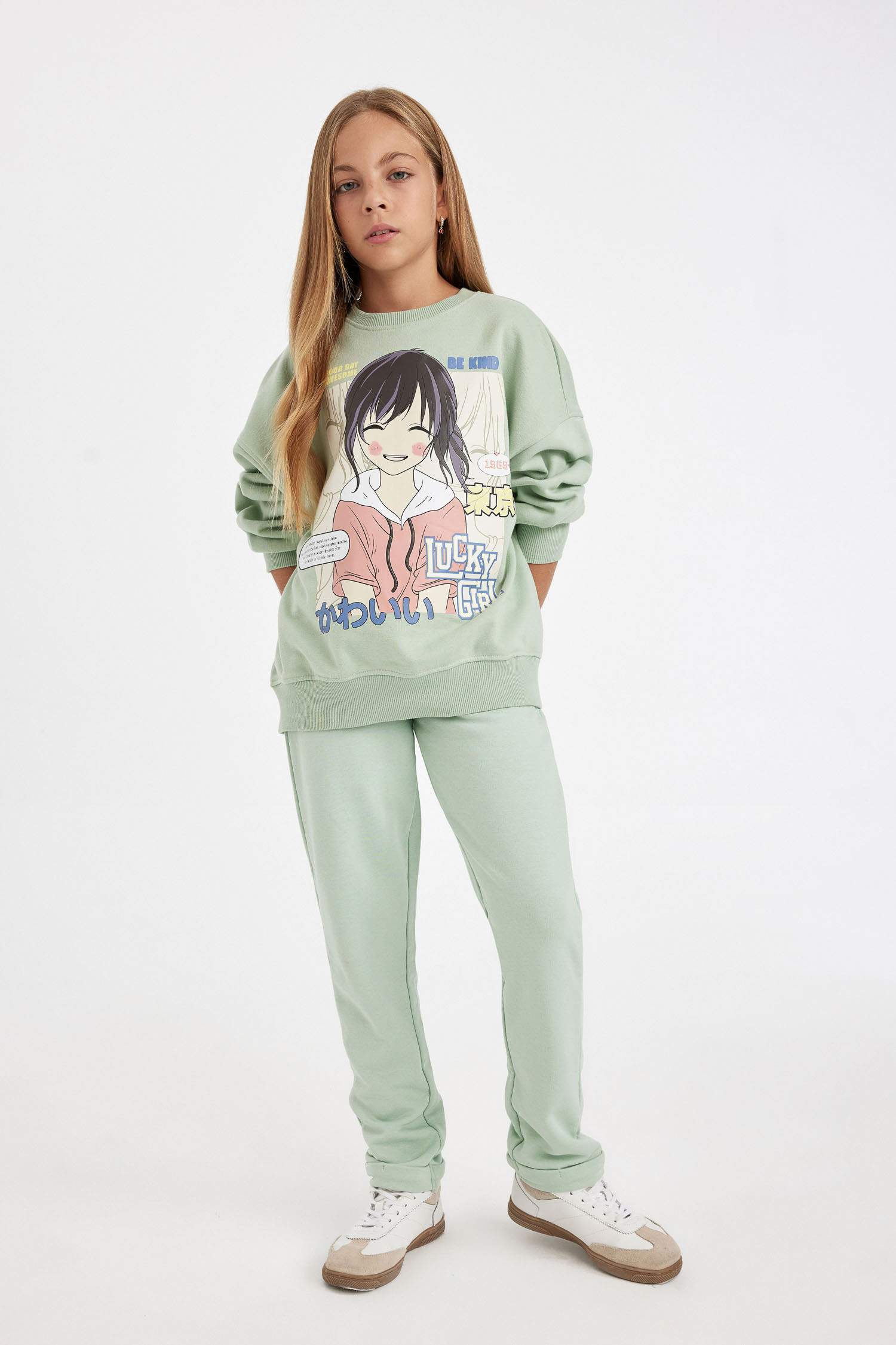 Kız Çocuk Oversize Geniş Kalıp Bisiklet Yaka Baskılı Sweatshirt