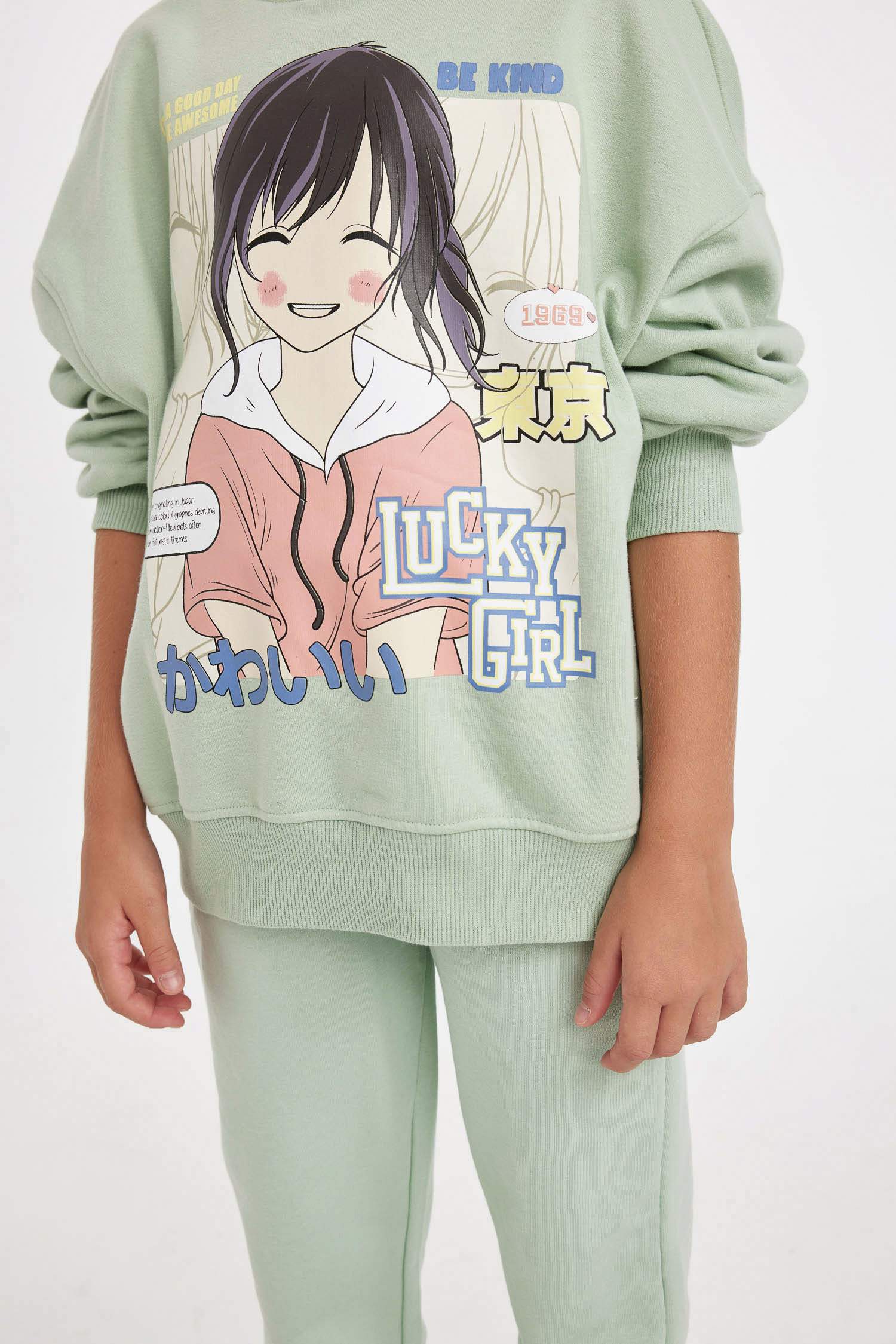 Kız Çocuk Oversize Geniş Kalıp Bisiklet Yaka Baskılı Sweatshirt