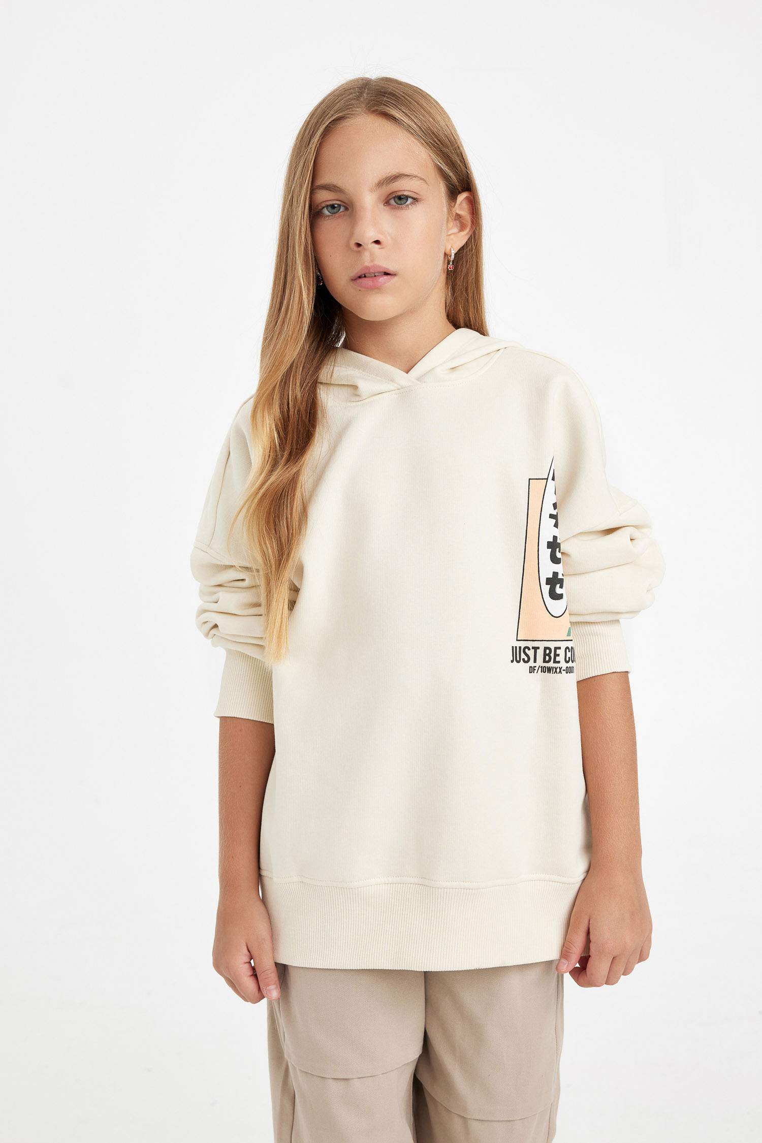 Kız Çocuk Oversize Geniş Kalıp Sırt Baskılı Kapüşonlu Sweatshirt