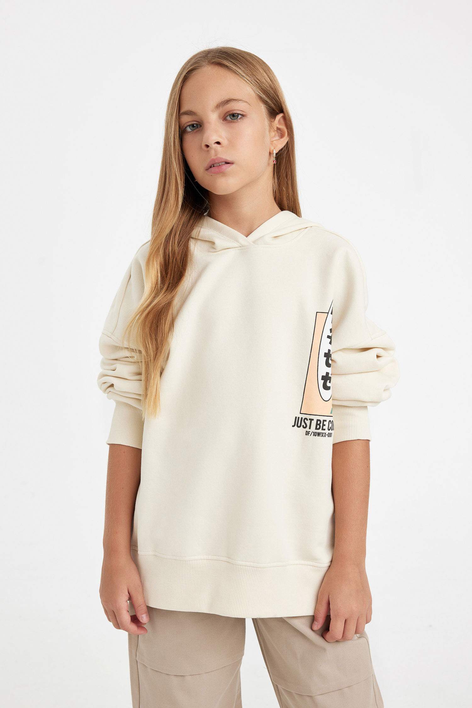 Kız Çocuk Oversize Geniş Kalıp Sırt Baskılı Kapüşonlu Sweatshirt