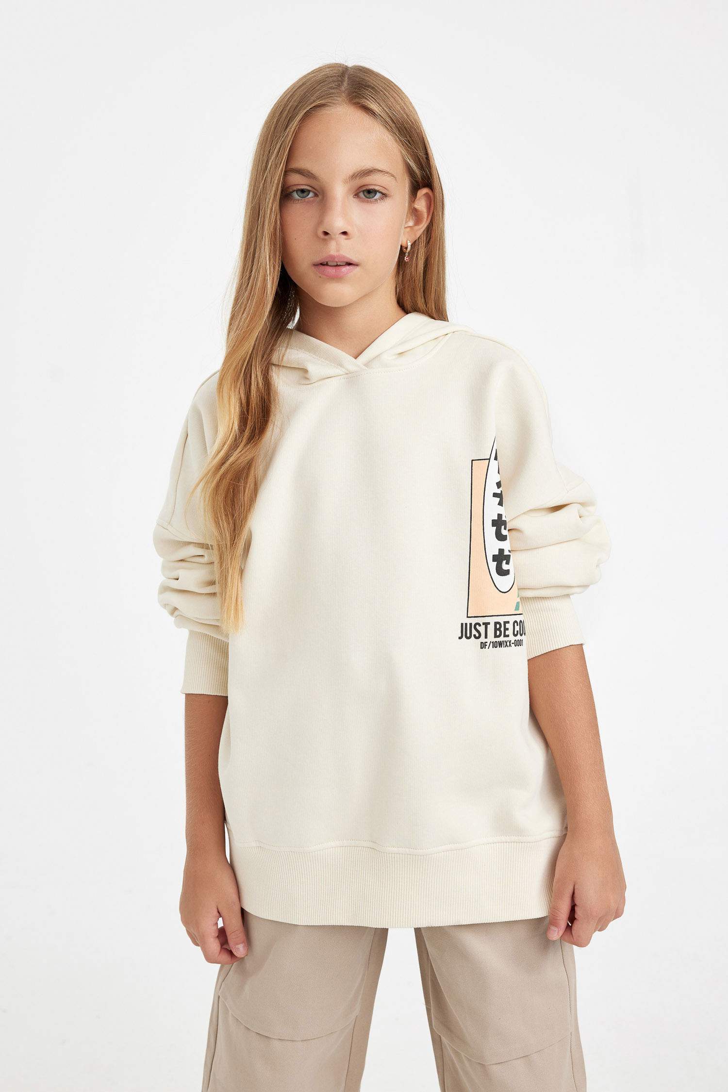 Kız Çocuk Oversize Geniş Kalıp Sırt Baskılı Kapüşonlu Sweatshirt