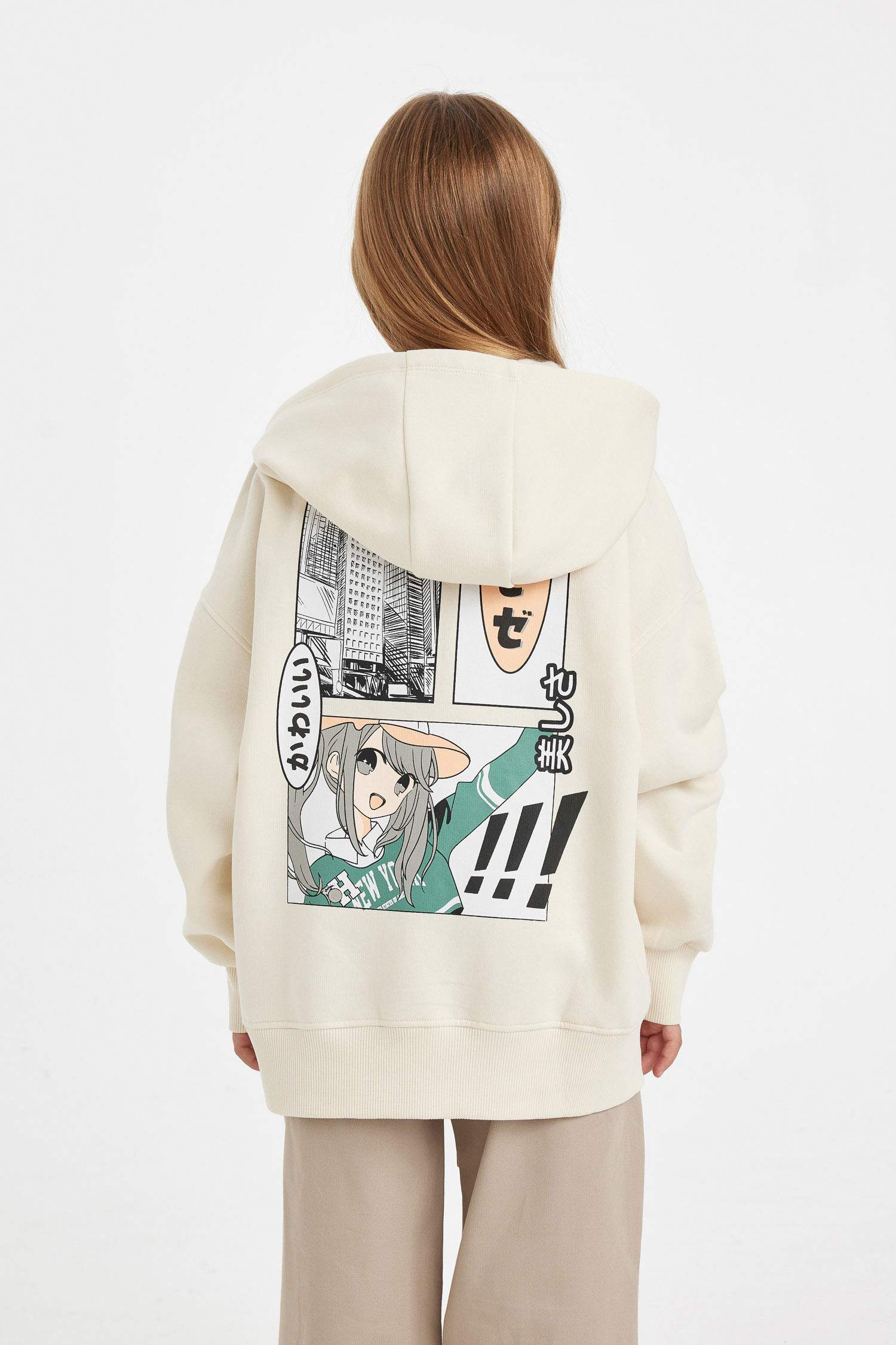 Kız Çocuk Oversize Geniş Kalıp Sırt Baskılı Kapüşonlu Sweatshirt