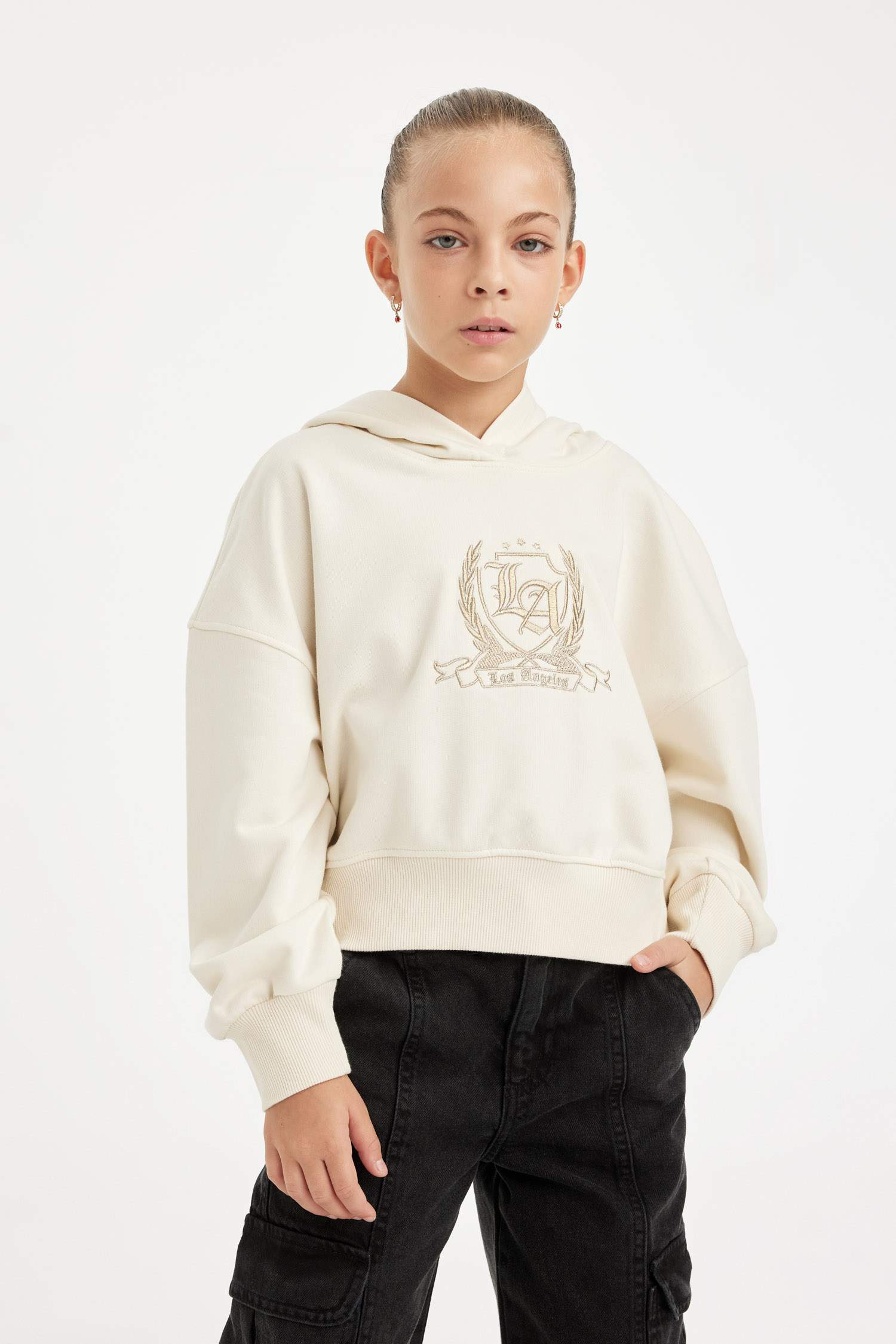 Kız Çocuk Ekru Oversize Geniş Kalıp Kapüşonlu İşlemeli Sweatshirt