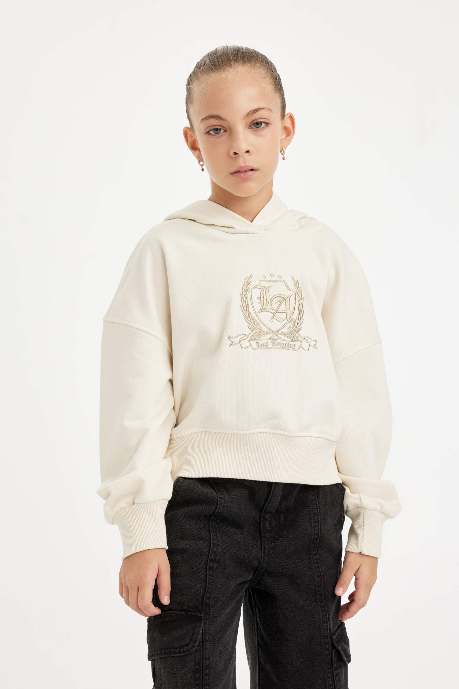 Kız Çocuk Ekru Oversize Geniş Kalıp Kapüşonlu İşlemeli Sweatshirt