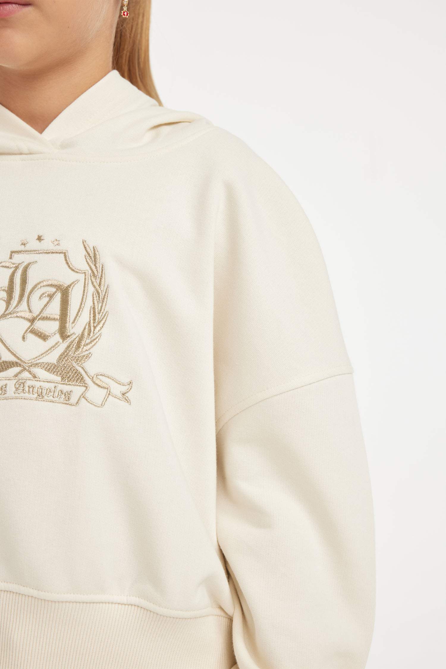 Kız Çocuk Ekru Oversize Geniş Kalıp Kapüşonlu İşlemeli Sweatshirt