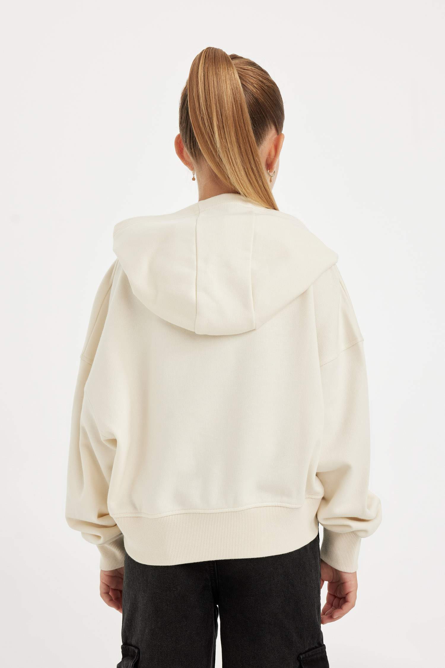 Kız Çocuk Ekru Oversize Geniş Kalıp Kapüşonlu İşlemeli Sweatshirt