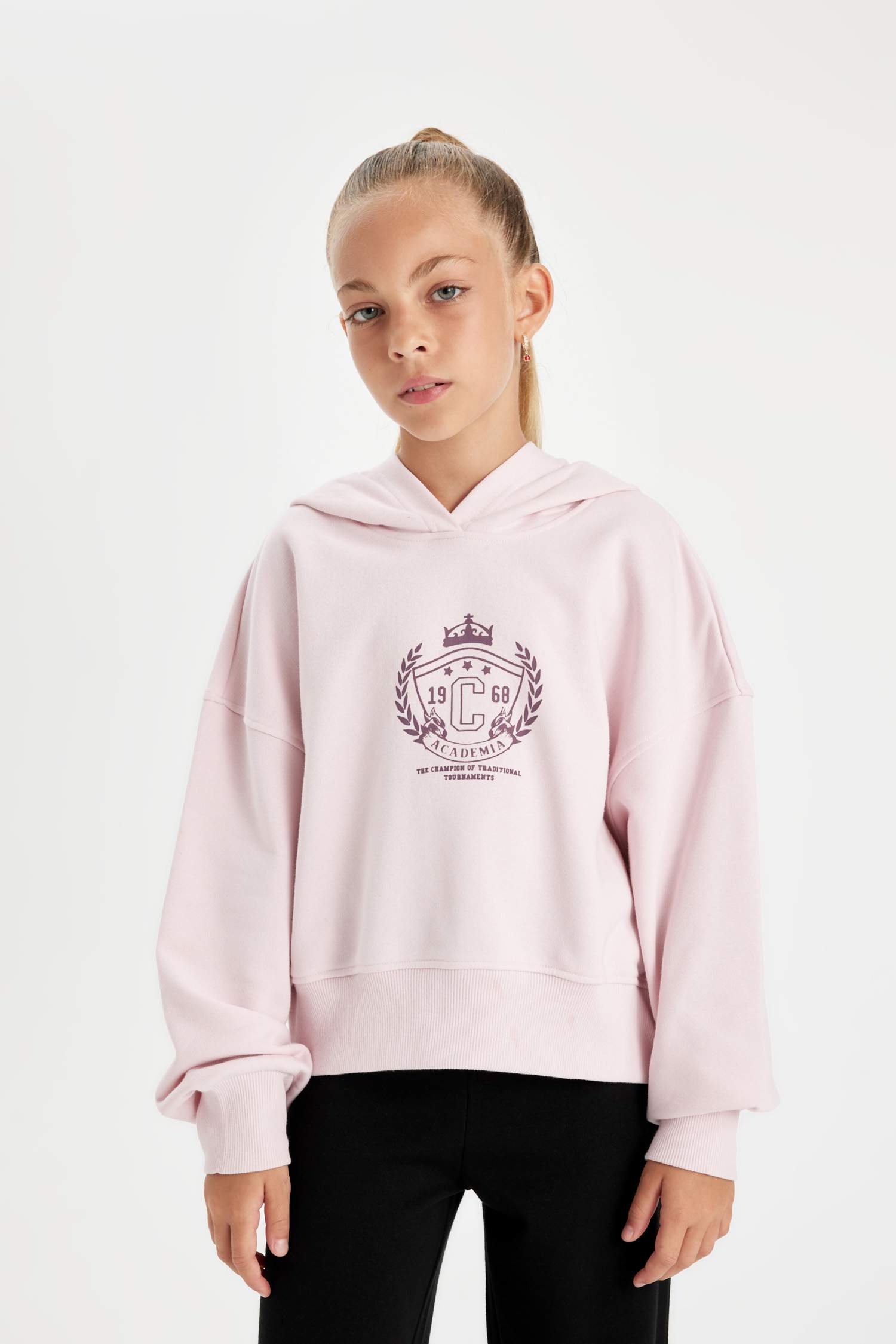 Kız Çocuk Oversize Geniş Kalıp Kapüşonlu İşlemeli Sweatshirt